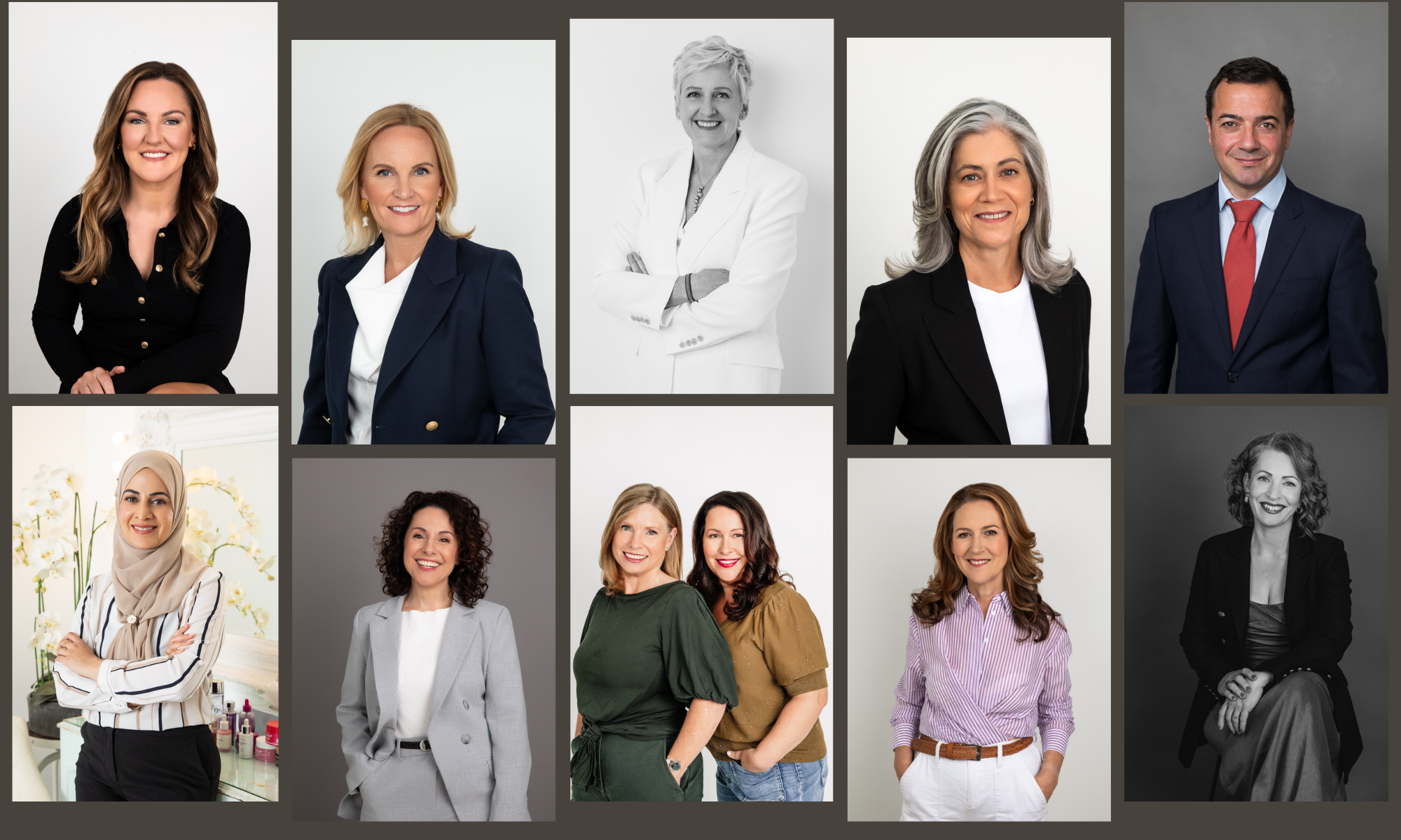 A collage of women's portraits in color and black-and-white. The women are diverse in age, ethnicity, and style, with some smiling and posing confidently. They are dressed professionally or stylishly, set against plain or floral backgrounds.