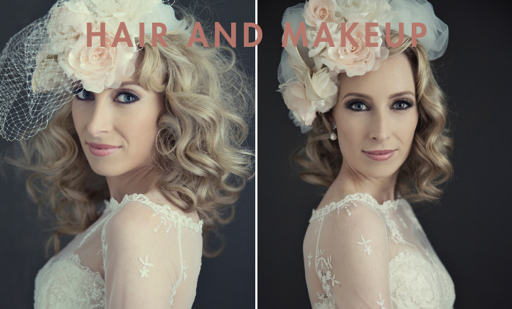 Side-by-side portraits of a woman in a lace dress with soft curls and a large floral headpiece, showcasing elegant bridal hair and makeup with the text “Hair and Makeup” above.