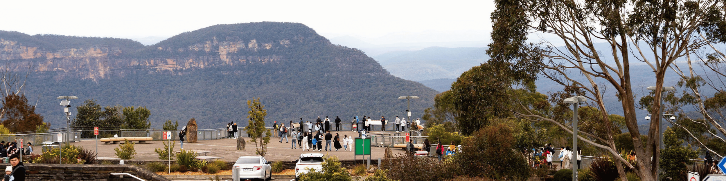 View of a scenic lookout with many people gathered, surrounded by trees and mountains in the background.
