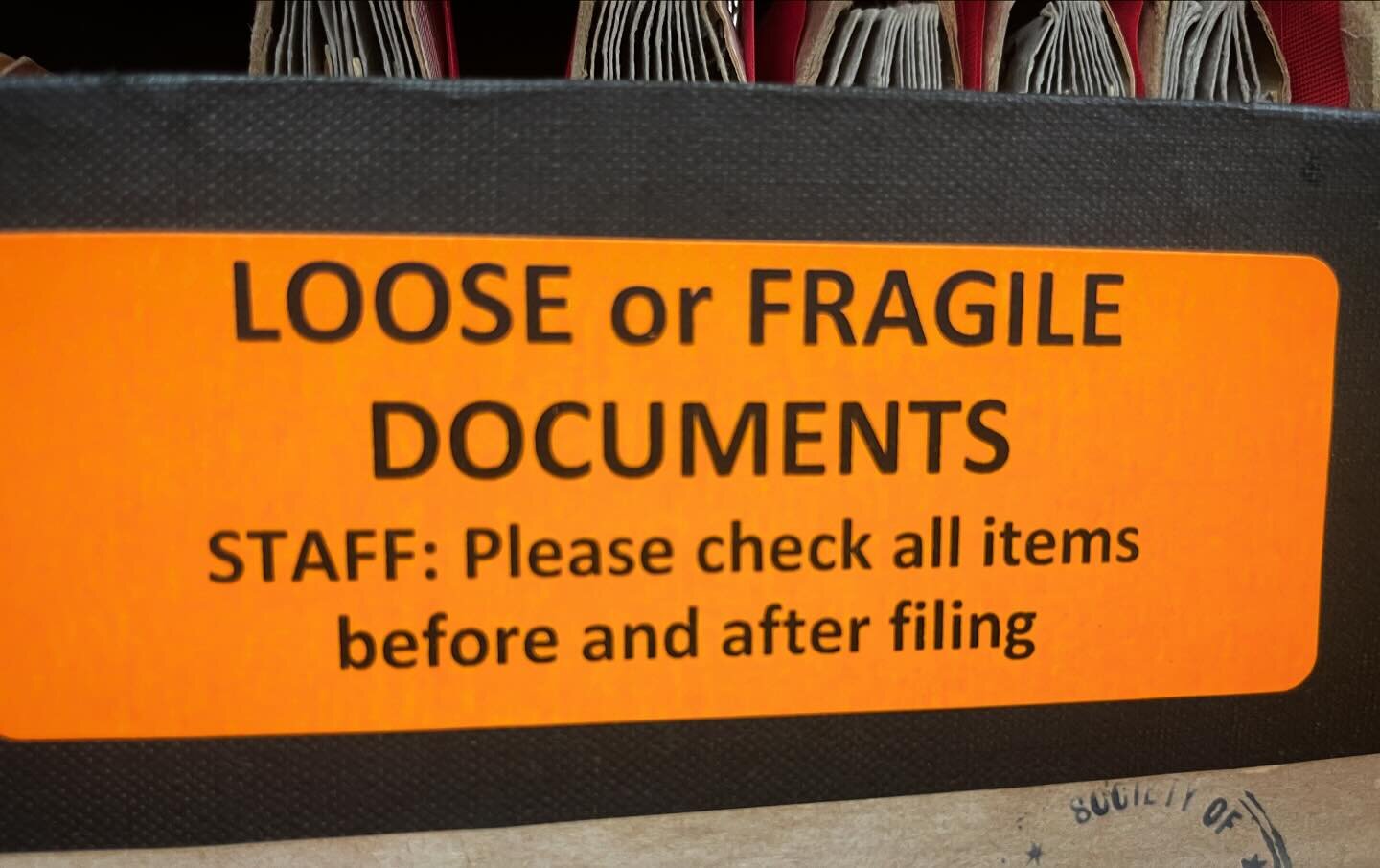 Love a good label in archive storage areas. This one is bright, simple and effective. Handling damage occurs easily to fragile paper based collections. Remember to #handlewithcare #archives #papercollection #handlingdamage #labels #collectioncare