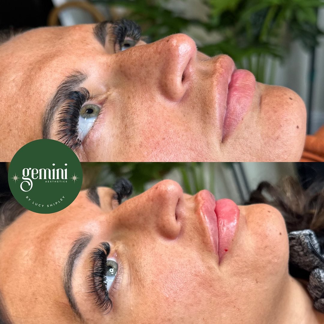 Close-up of a woman's face before and after eyelash extension procedure. The top image shows her natural lashes, and the bottom image shows her with fuller, darker eyelash extensions.