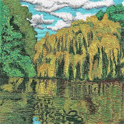 Freestyle Machine Embroidered willow trees and reflection in river.