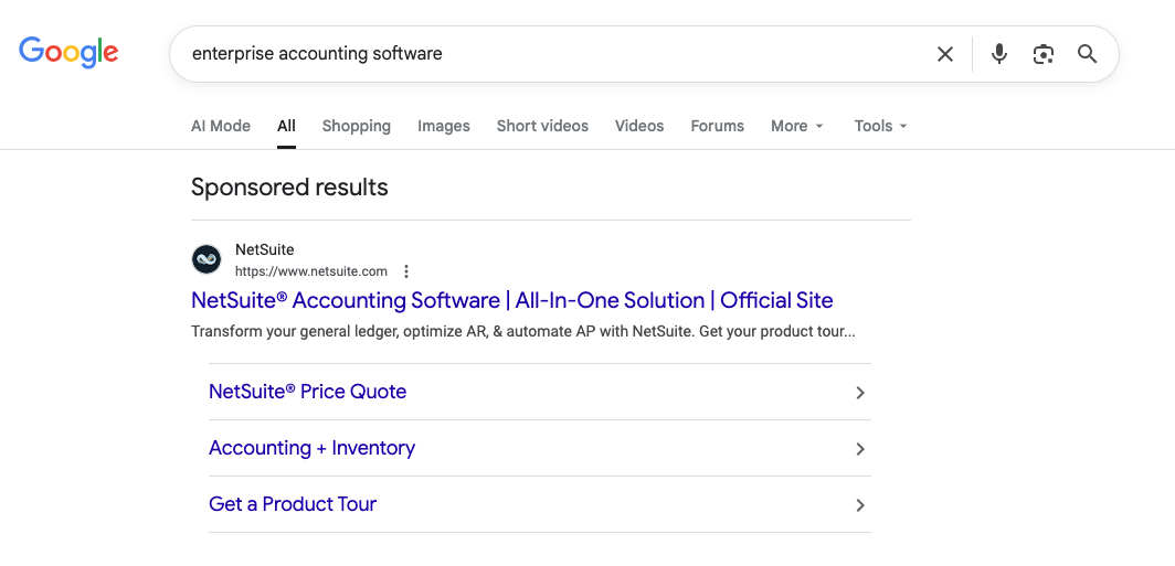 Example of a Google ad that fails to filter clicks — vague messaging for enterprise accounting software.
