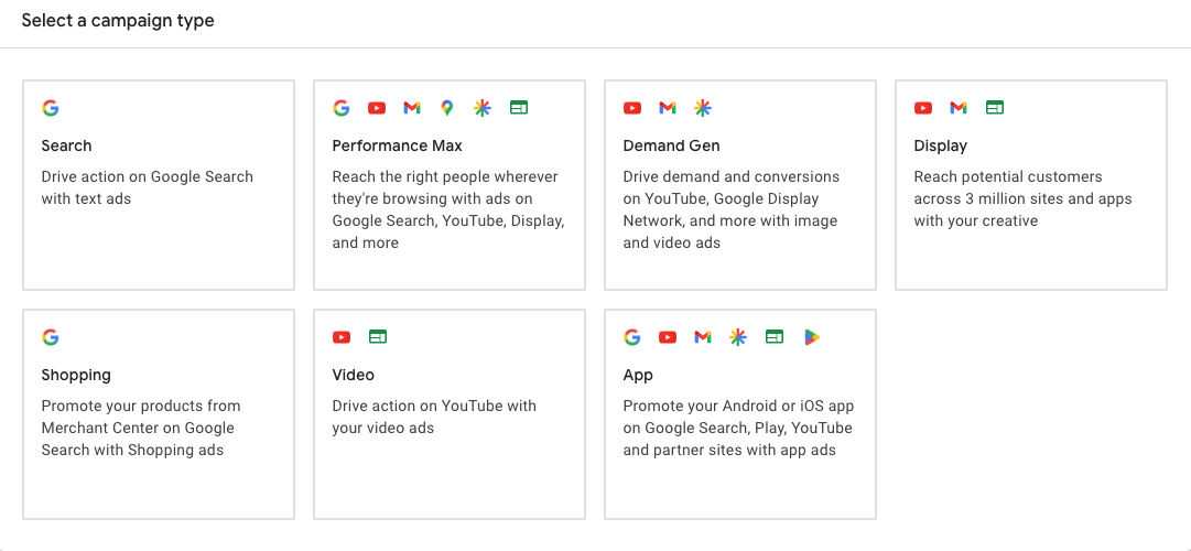 Screenshot of the Google Ads 'Select a campaign type' dashboard showing Search, Performance Max, Demand Gen, and Display options in 2026.