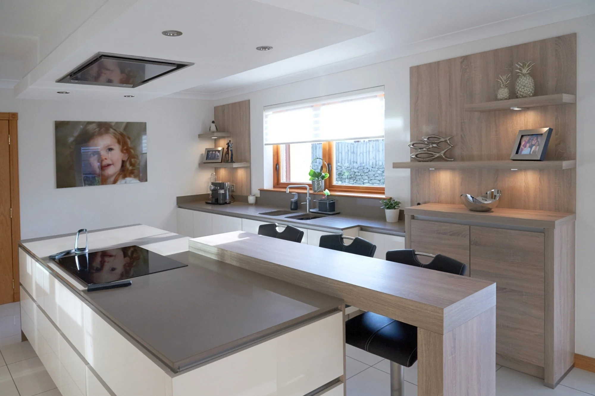 modern kitchen with white gloss handleless and wood cabinets