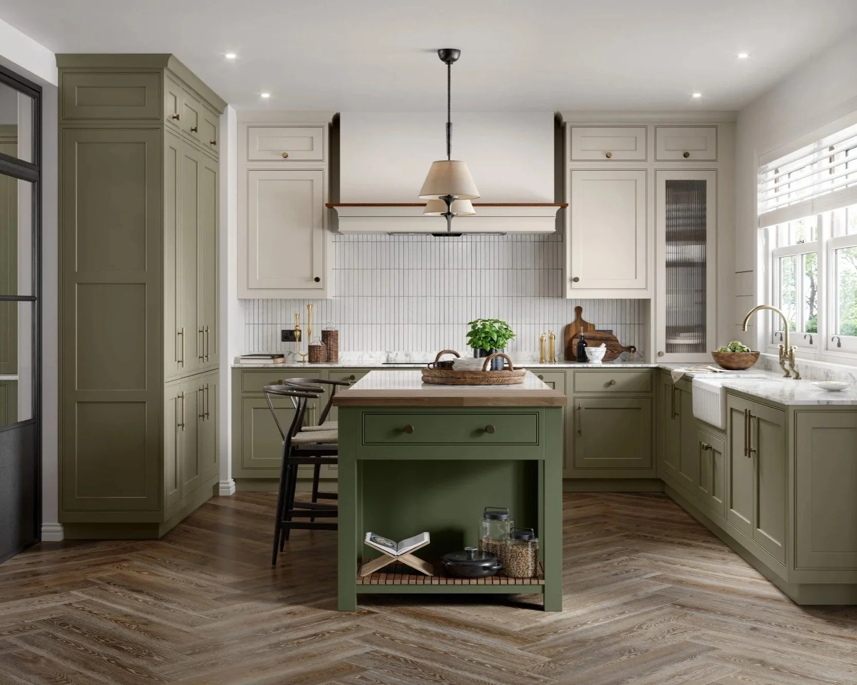 green inframe kitchen with island and stools