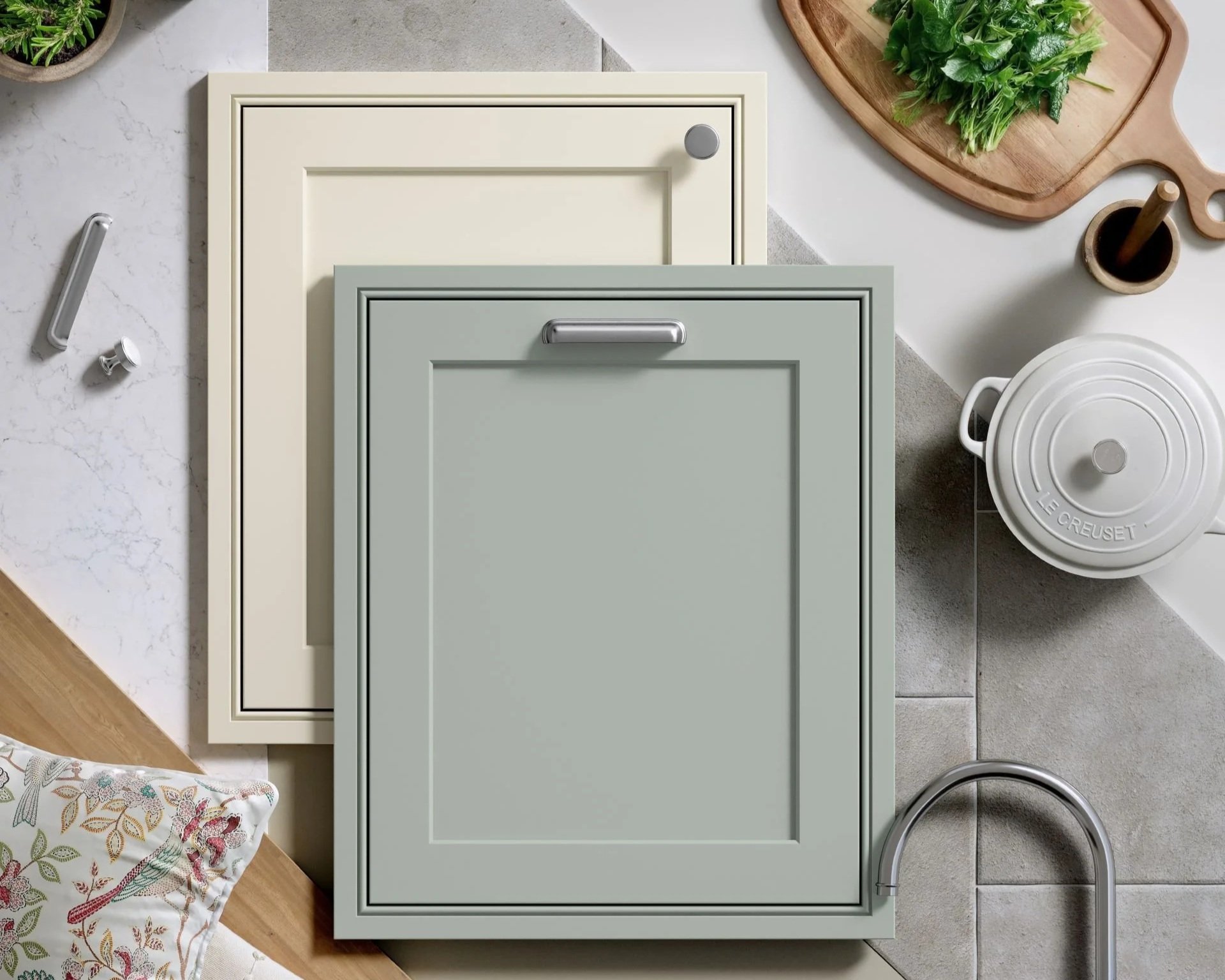 inframe cabinet doors in green and cream