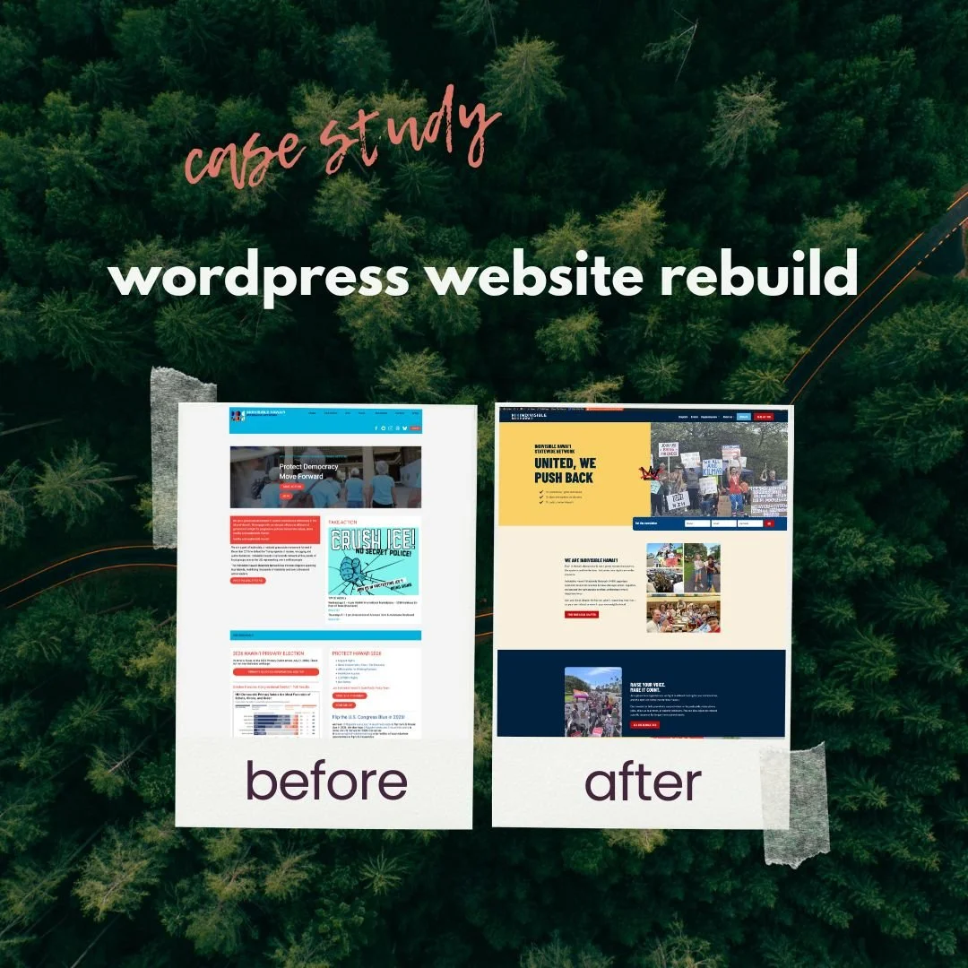 Side-by-side comparison of the old and new Indivisible Hawaiʻi State Network websites, showing the updated design and layout