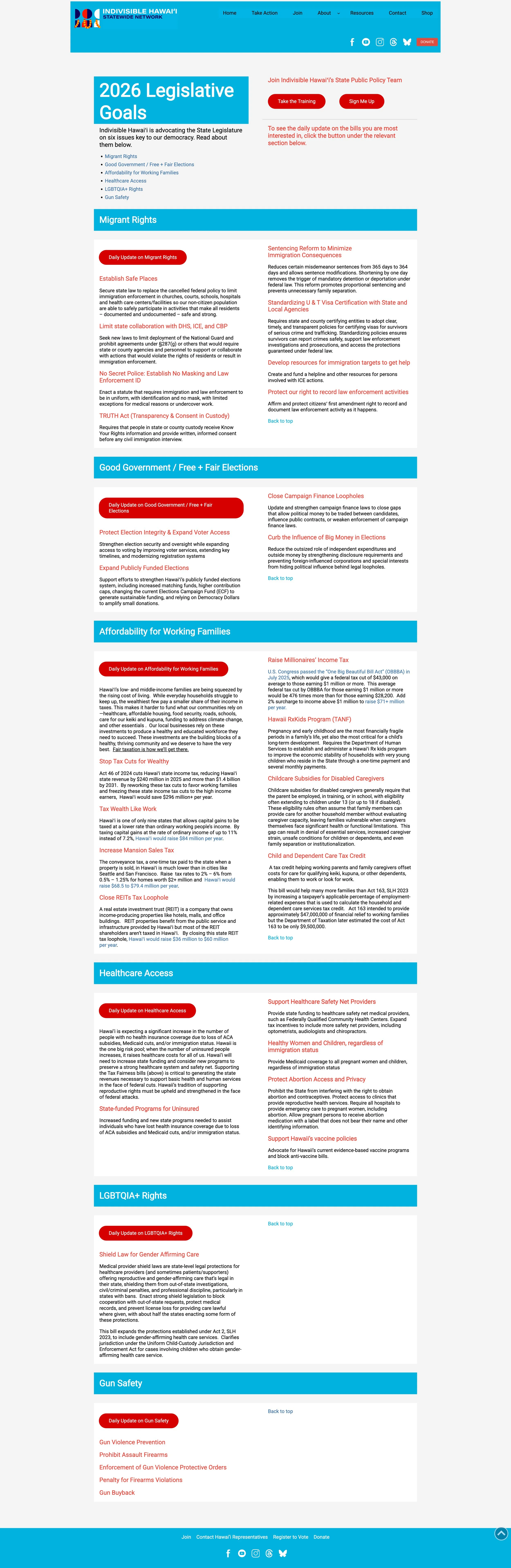 Screenshot of the old Indivisible Hawaiʻi State Network legislative goals page