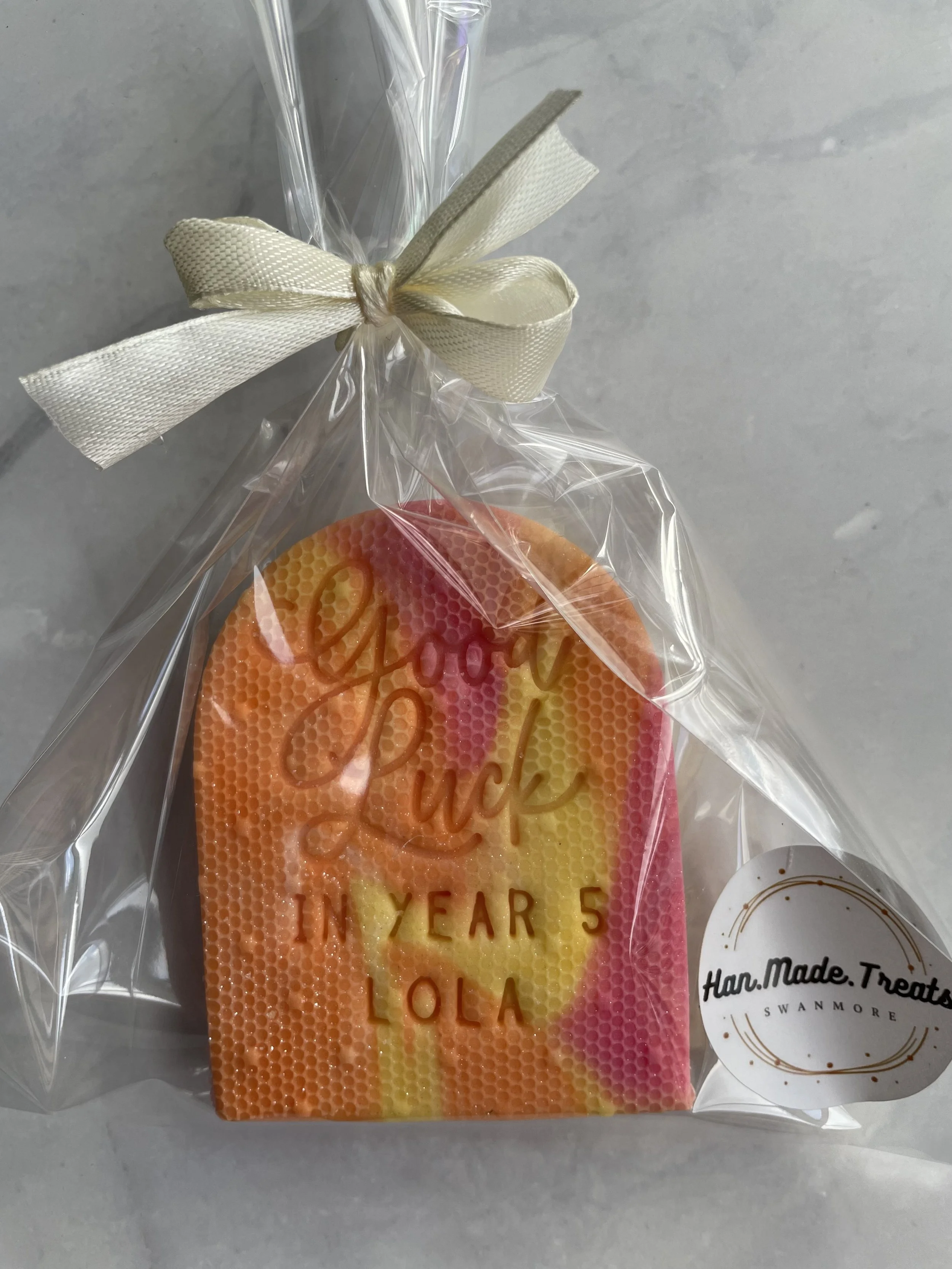 Good Luck Shortbread Biscuit (pink) - personalise with the Year group and Name - £3
