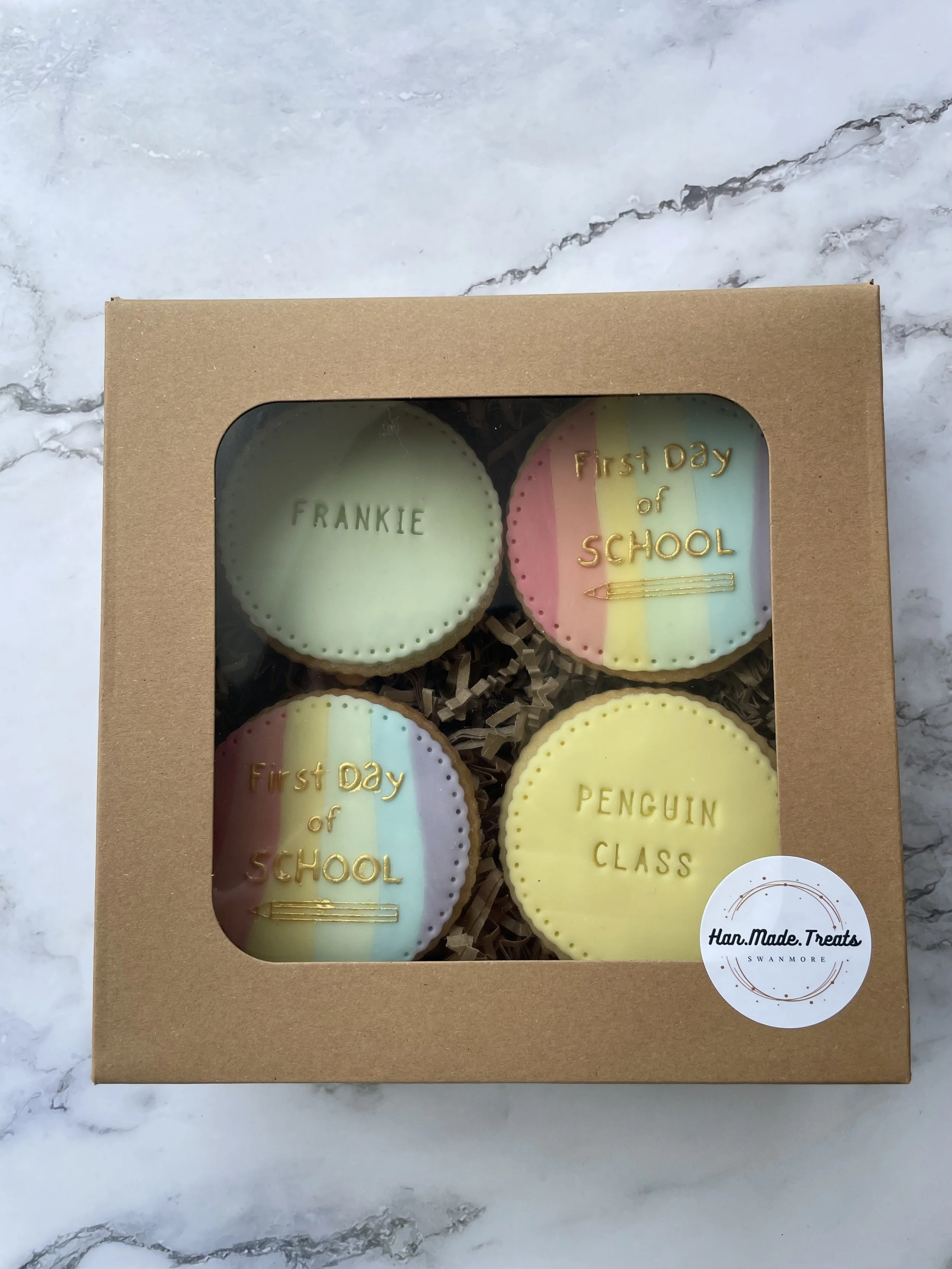 First Day Box - includes 4 shortbread bicuits. Personalise with their name and class - £10