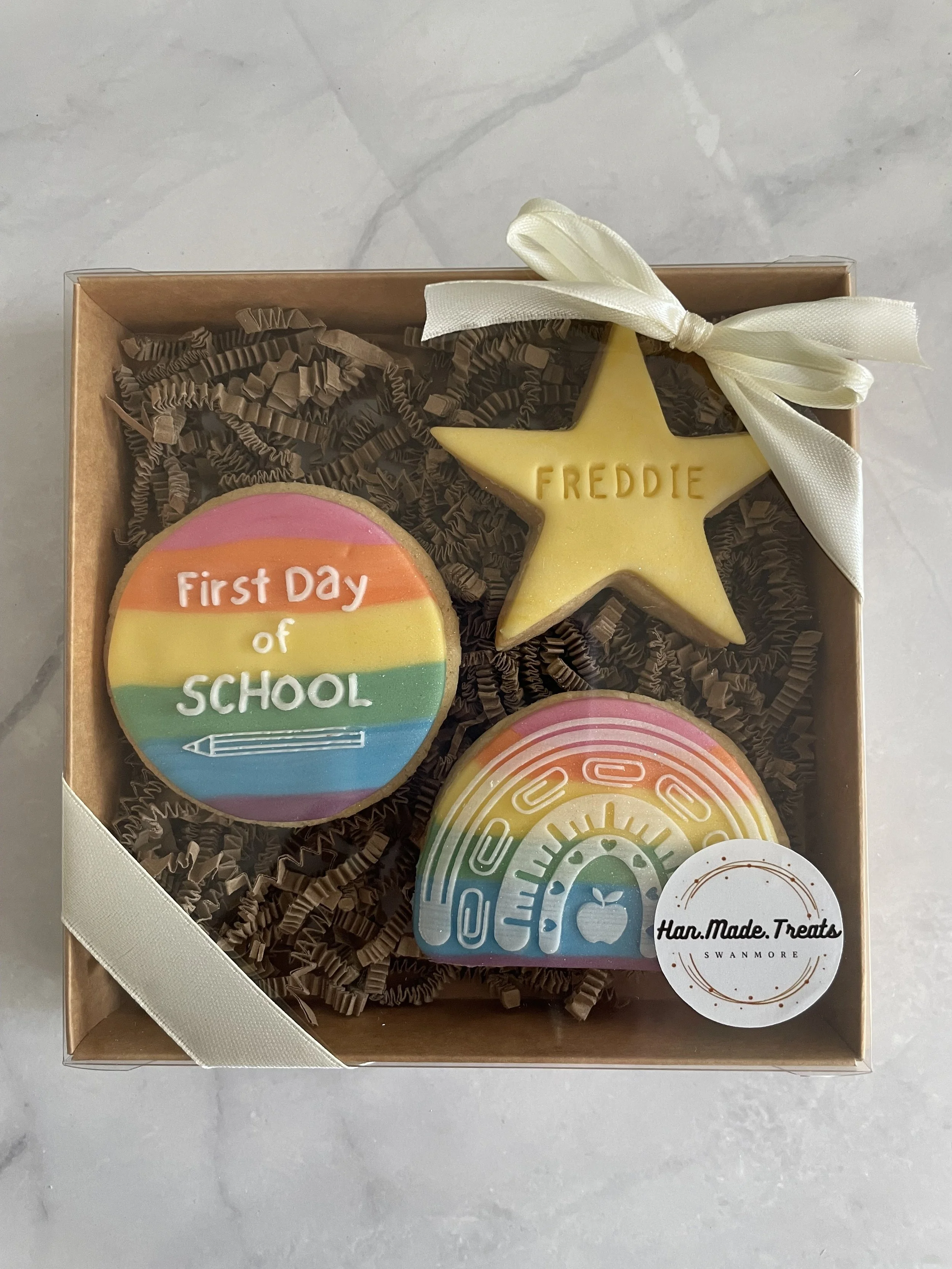 First Day Box - includes 3 shortbread biscuits. Personalise with their name - £10