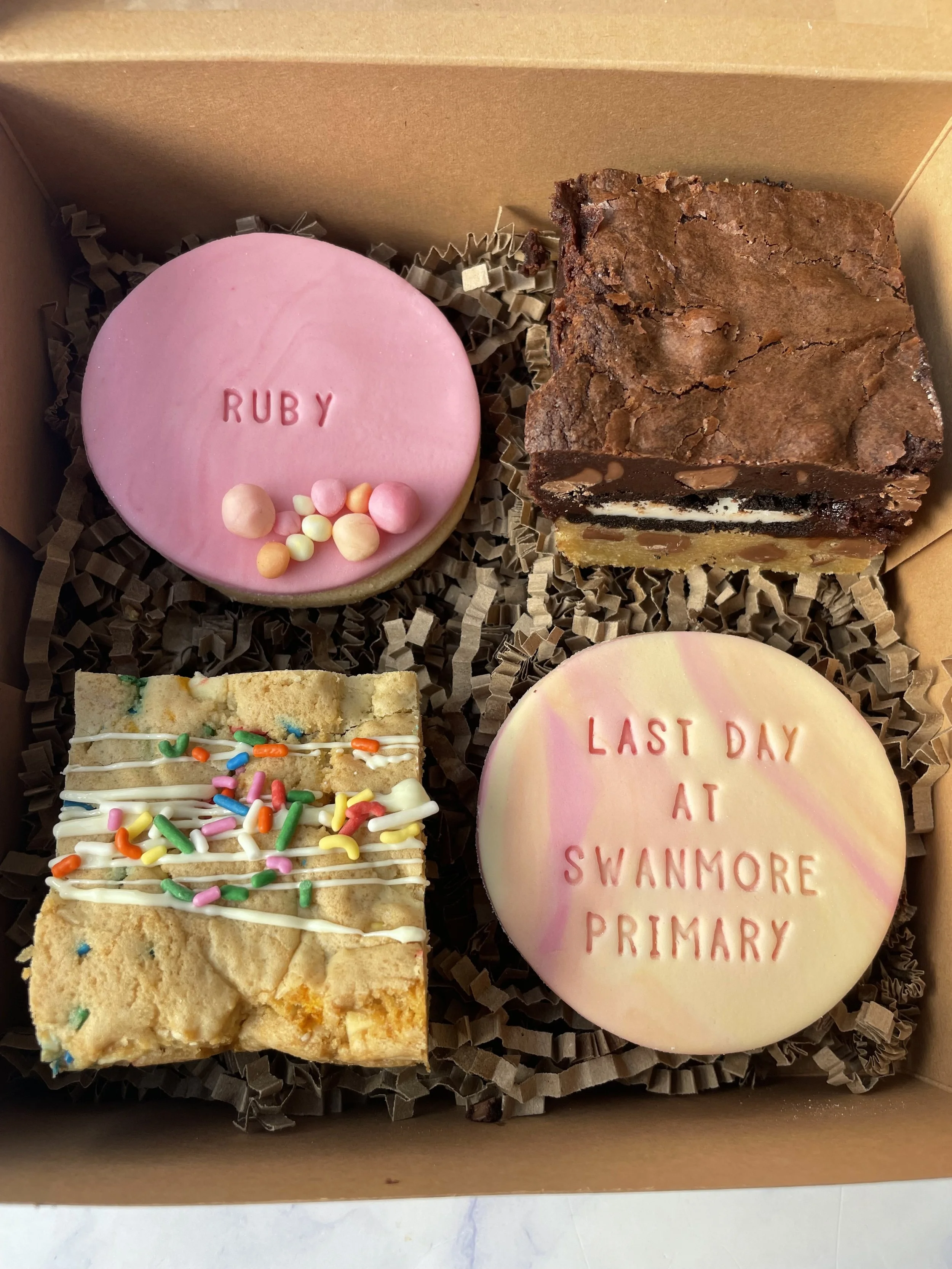 LAST DAY Personalised Mixed Box - includes 2 x Shortbread Biscuits + 1 x Oreo Brookie + 1 x White Choc & Funfetti Cookie Bar - £12