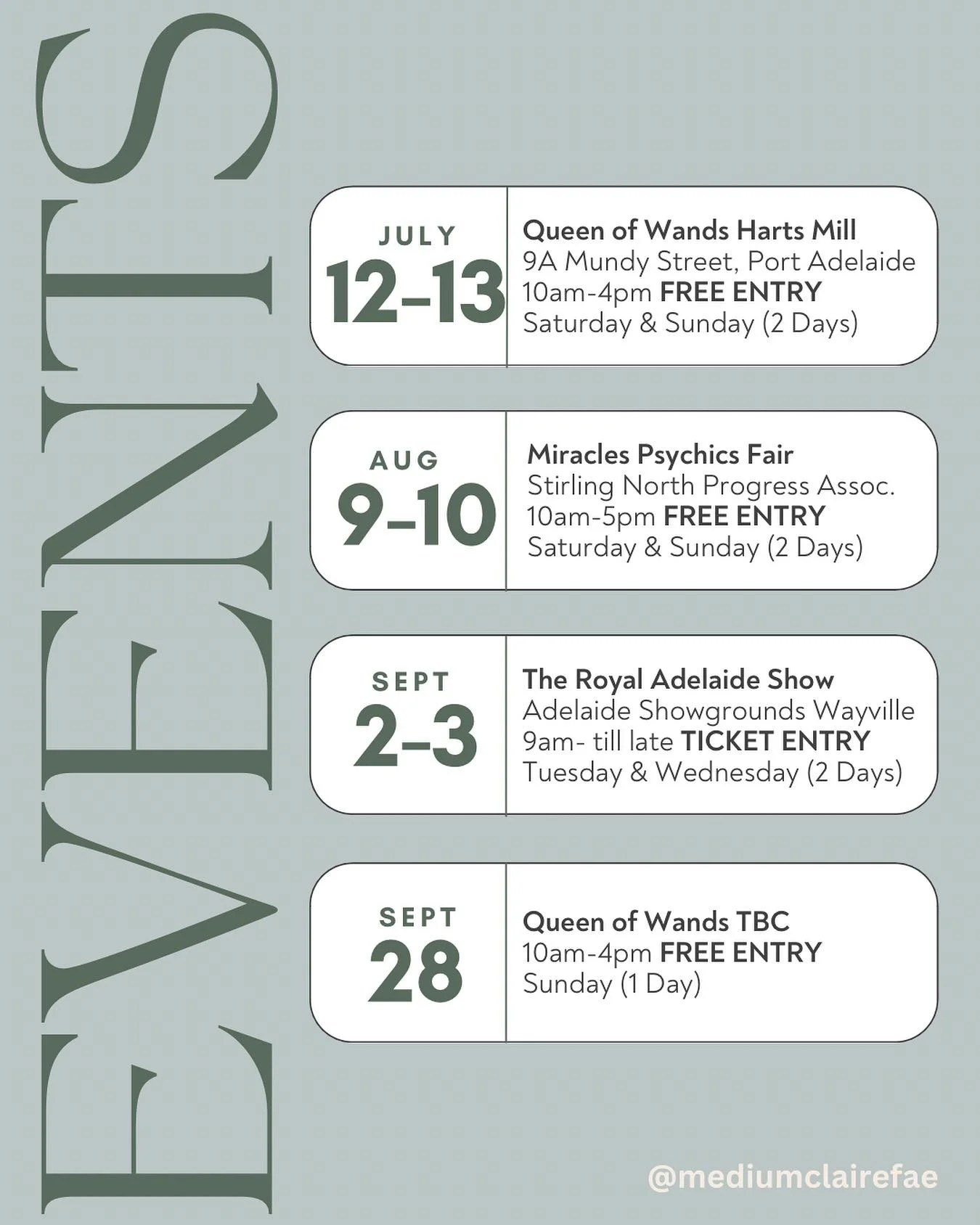 Upcoming IRL Events! This weekend both Saturday and Sunday I will be at Harts Mill offering readings with @queen_of_wands_psychic_fair ✨ 

With another ROAD TRIP coming up at Stirling North/ Port Augusta with @miraclespsychicfairs in August 🚙💨 

Pr