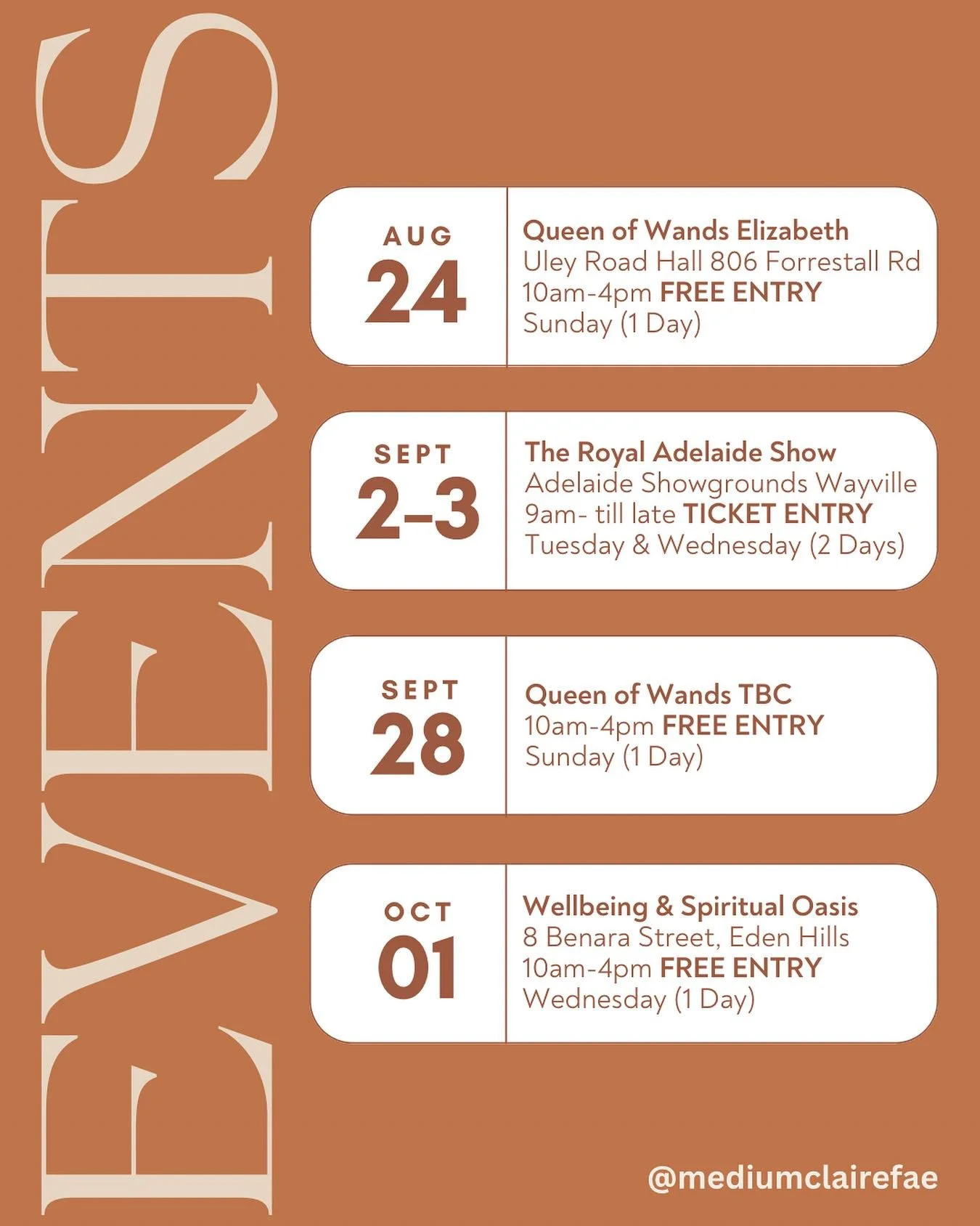 Upcoming IRL Events where you will find me offering readings with @queen_of_wands_psychic_fair Also I am honoured to be sharing a site for two days with ever-amazing Alex @alexbhealing and I will be back at the lovely Dawn Brenton&rsquo;s beautiful r