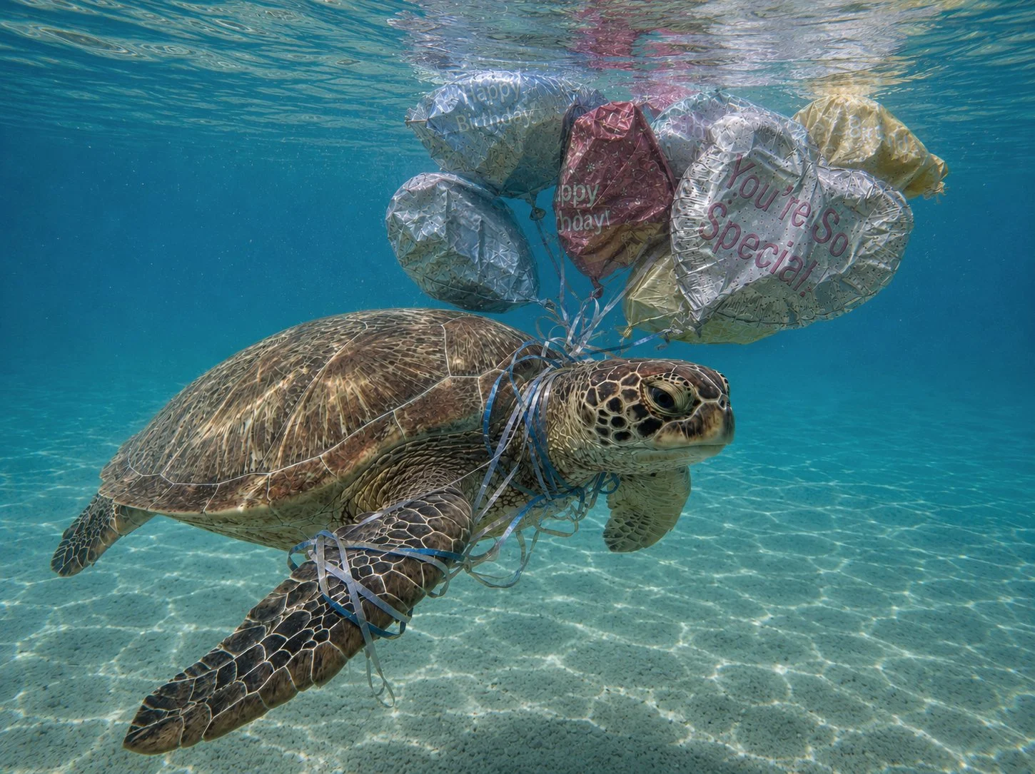 "You’re So Special" What begins as a message of celebration takes on a different meaning once it reaches the ocean. Here, “You’re So Special” no longer feels like a note from a birthday party, but almost like an ironic message from the turtle to us.
