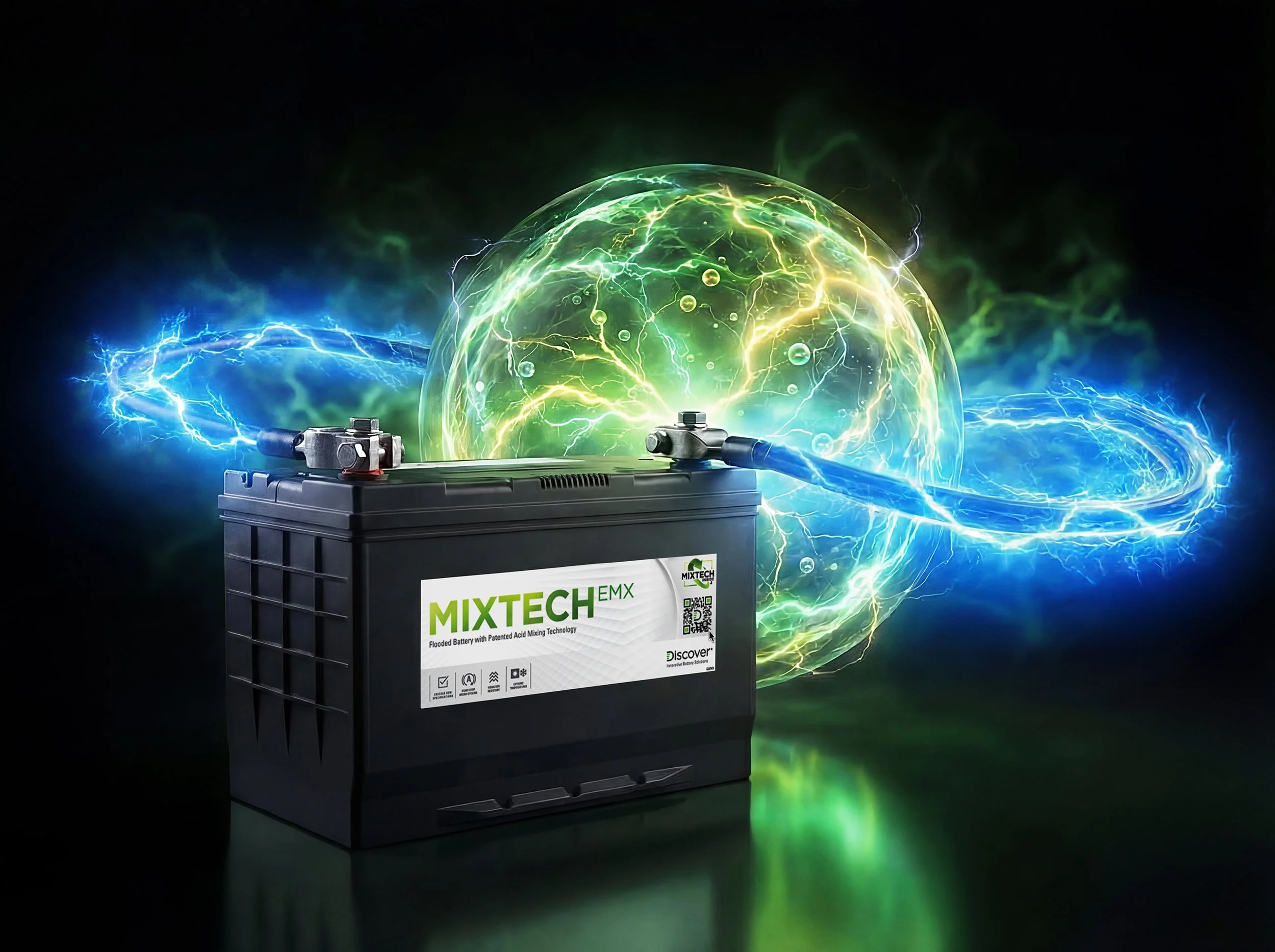 A black car battery labeled 'MIXTECH EMX flooded battery with patented acid mixing technology' with electrical sparks and green and blue lightning effects in the background.