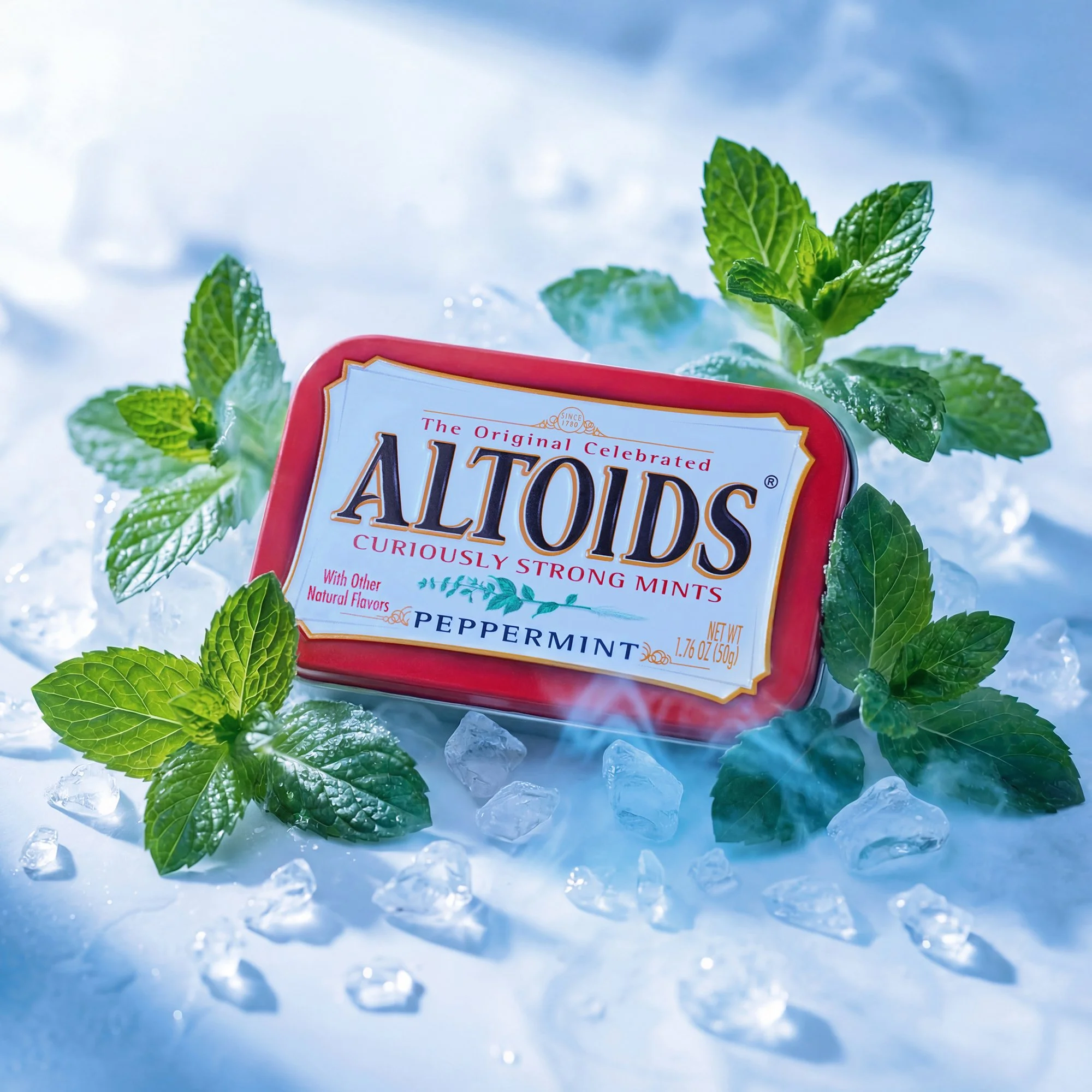 A tin of Altoids peppermint mints surrounded by fresh mint leaves and ice cubes on a snowy surface.