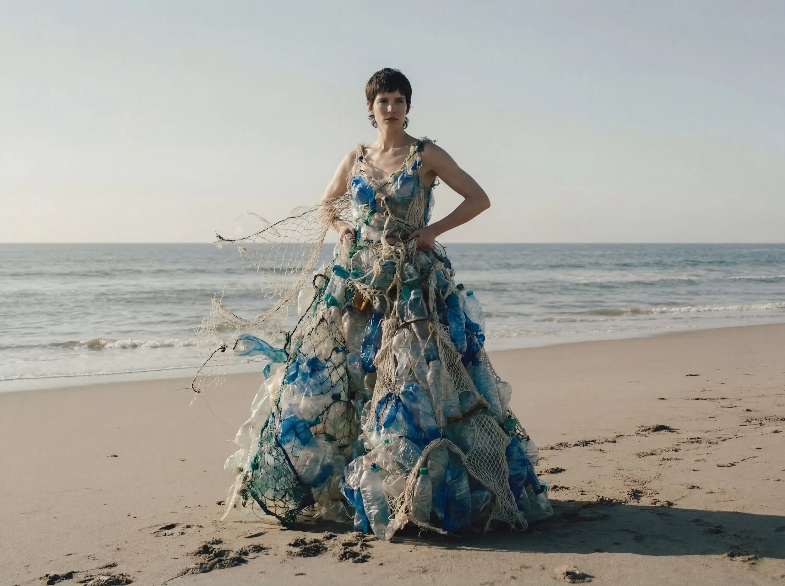 "Dressed by the sea"

What we discard rarely disappears. A dress made from plastic waste and abandoned fishing nets transforms waste into a symbol of our relationship with the natural world. A visual reflection on the lasting impact of our everyday c