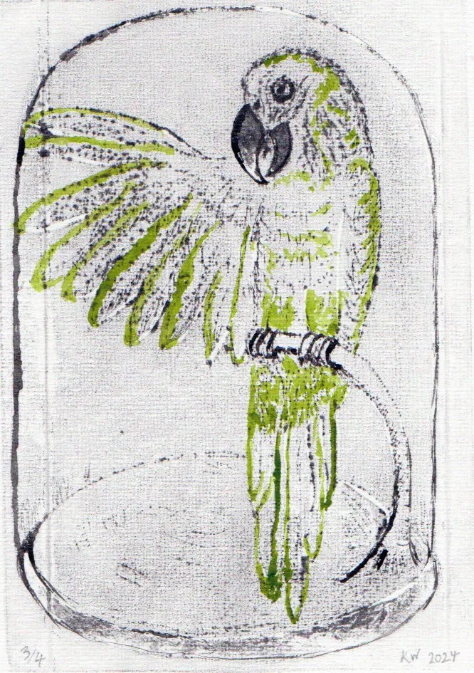 Flaubert's Parrot (2024) in response to In Praise of Birds for World Book Night. Etching using Tetra-Pak. Limited edition of 5.  