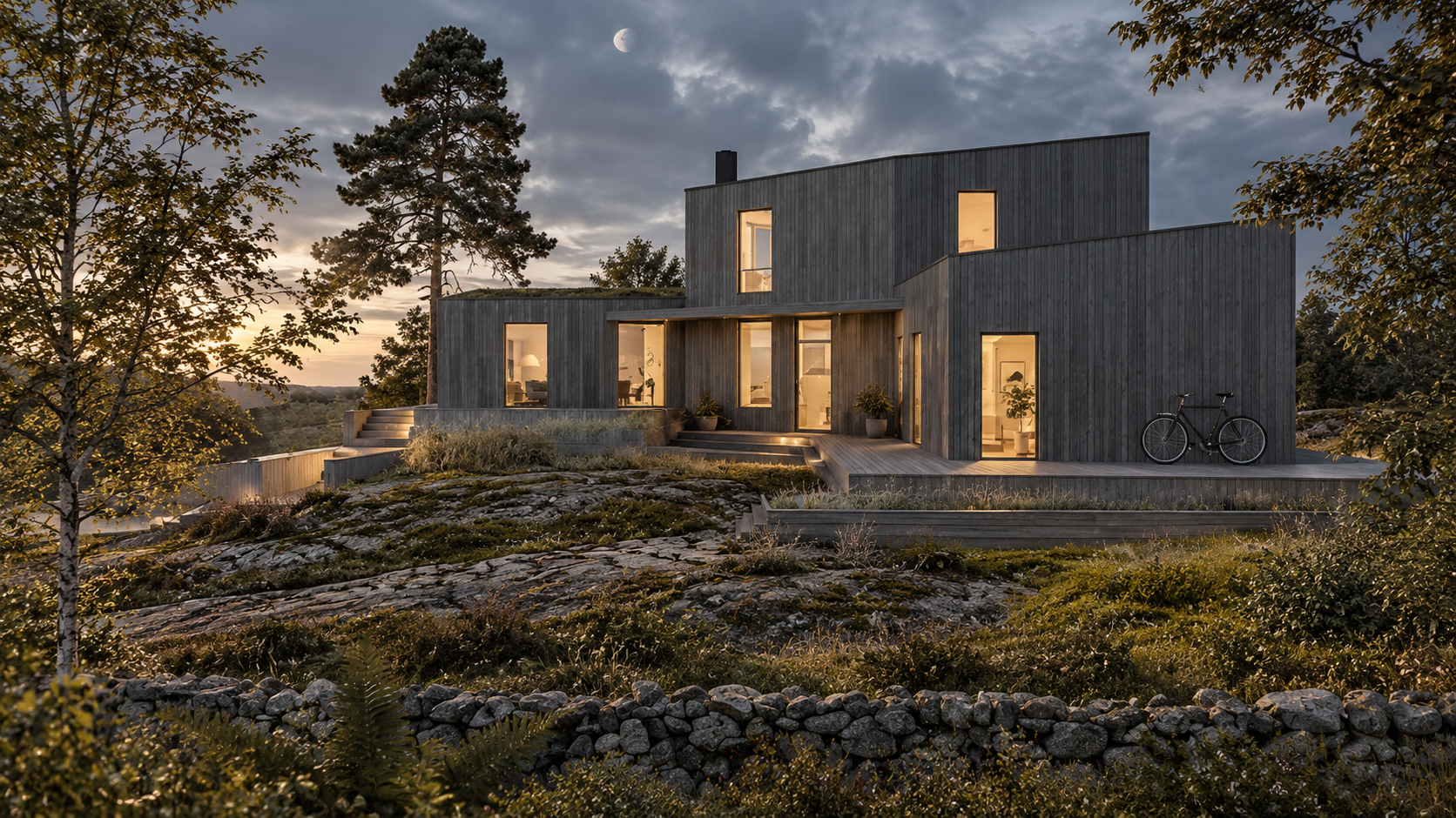 Villa lonn i skymning Nordstrom Kelly Arkitekter.png