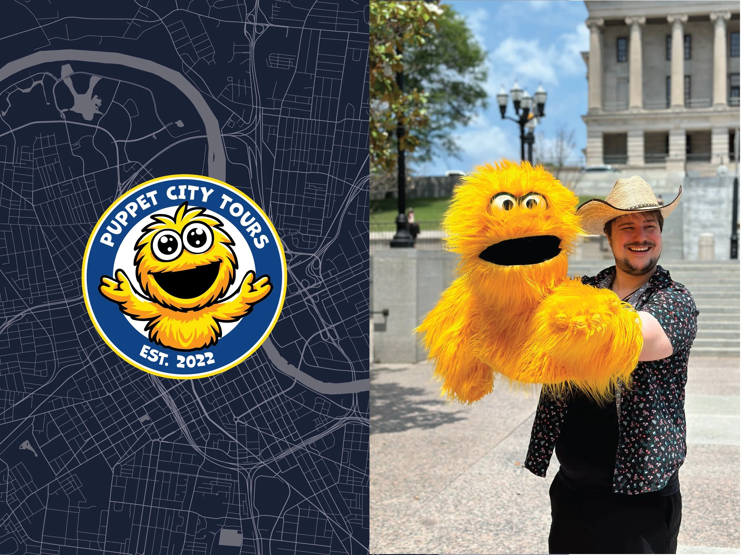 Branding for Puppet City Tours, who offers walking tours of downtown Nashville, led by Cornbread the puppet.
