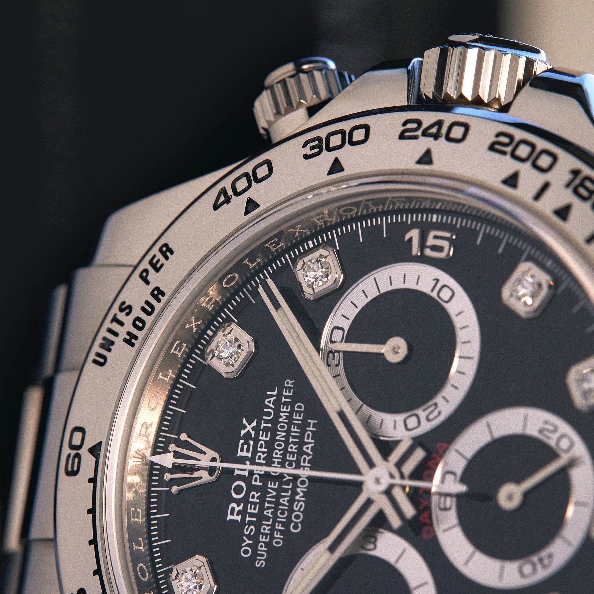 Crafted from 18K white gold, its 40mm case houses a striking black dial adorned with diamond hour markers, offering both sophistication and legibility. Powered by the in-house Caliber 4130 automatic movement, this chronograph ensures precision timing