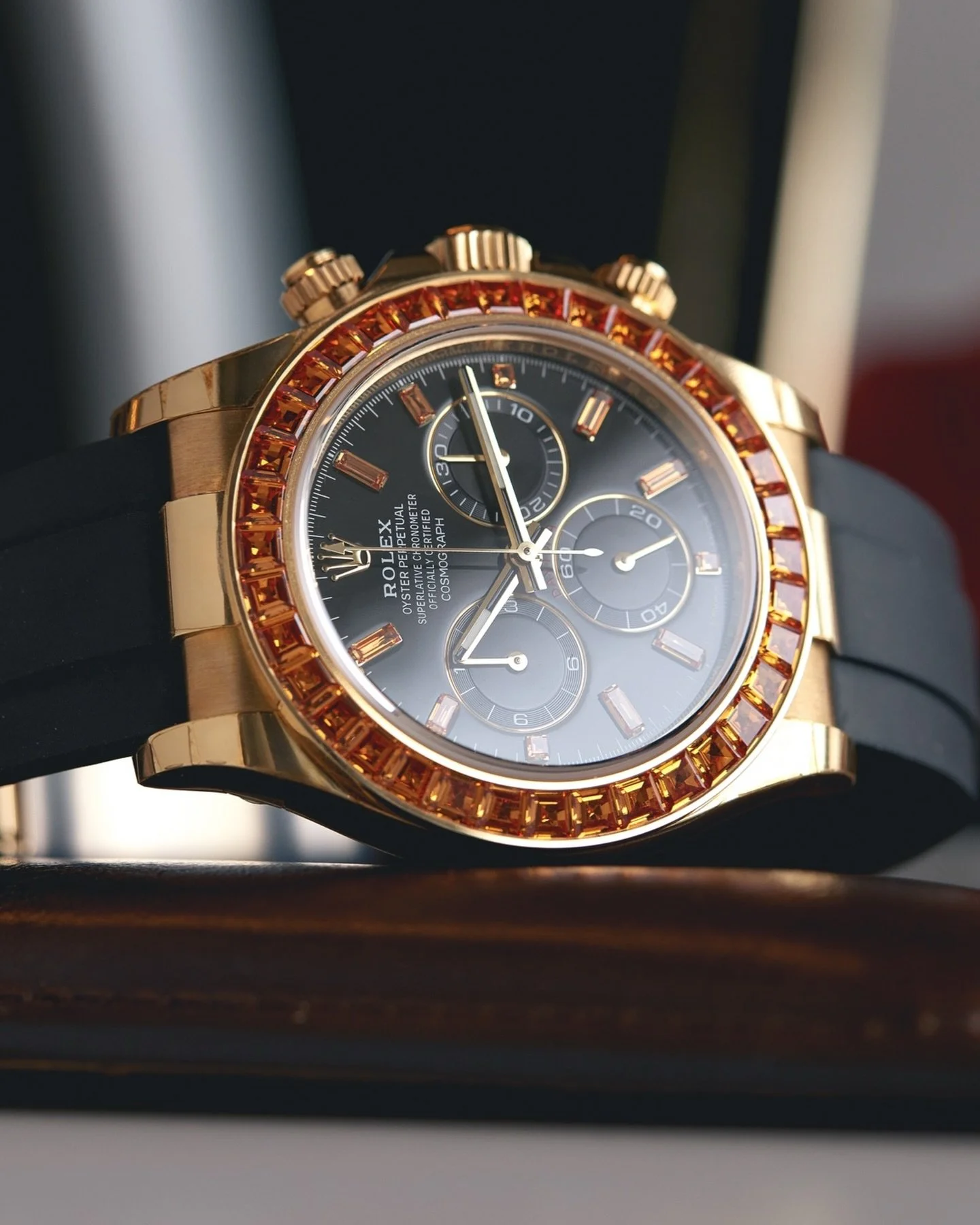Orange-sapphire bezel, matching dial markers, 72-hour power reserve &mdash; 116588 SACO gives you all the mechanical pedigree of a Daytona, with a bit more rarity baked in.

#thewatchbarn #chrono24 #rolex #daytona #116588SACO #YellowGold #LuxuryWatch