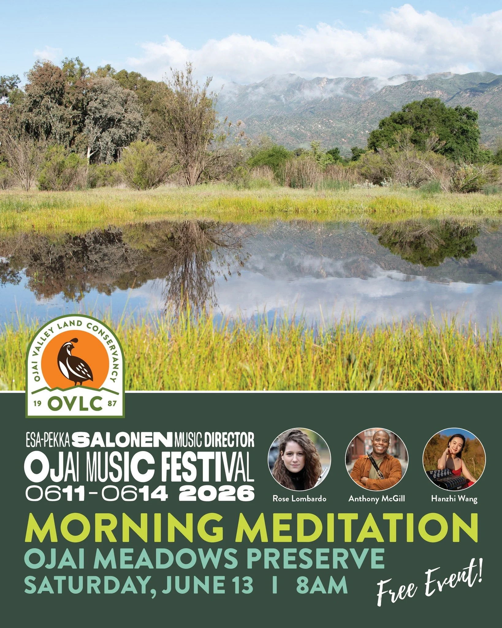 The Ojai Music Festival, in partnership with OVLC, invites you to a free Morning Meditation performance in the eucalyptus grove at Ojai Meadows Preserve on Saturday, June 13, at 8am. In a selection of solo works, Rose Lombardo, Anthony McGill, and Ha