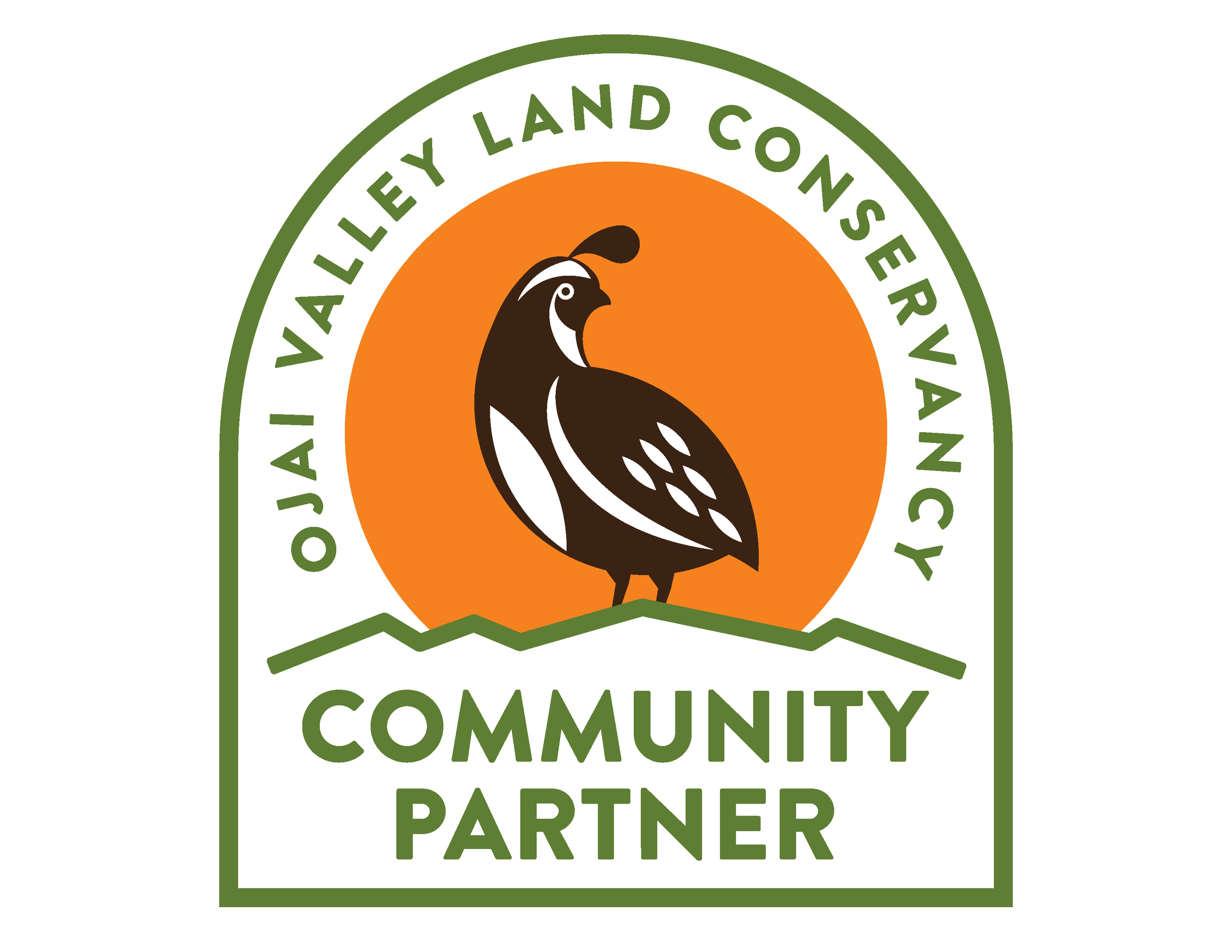 Logo of the Ojai Valley Land Conservancy with a stylized bird on an orange background and green text that says 'Ojai Valley Land Conservancy Community Partner'.