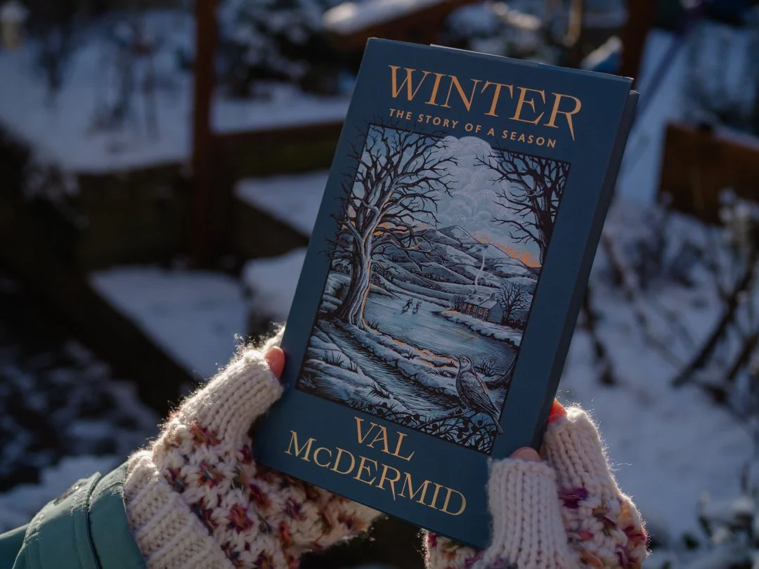 Winter by Val McDermid held outdoors in a snowy garden, evoking seasonal living and winter reading
