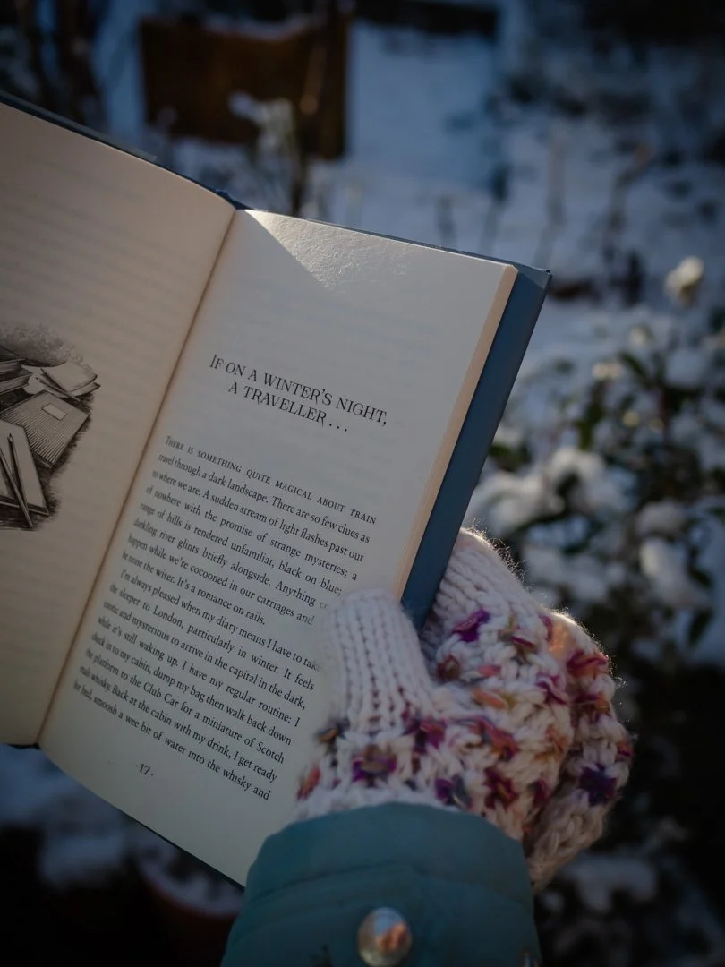 Chapter opening page titled “If on a winter’s night a traveller…” in Winter by Val McDermid, held outdoors in a snowy garden