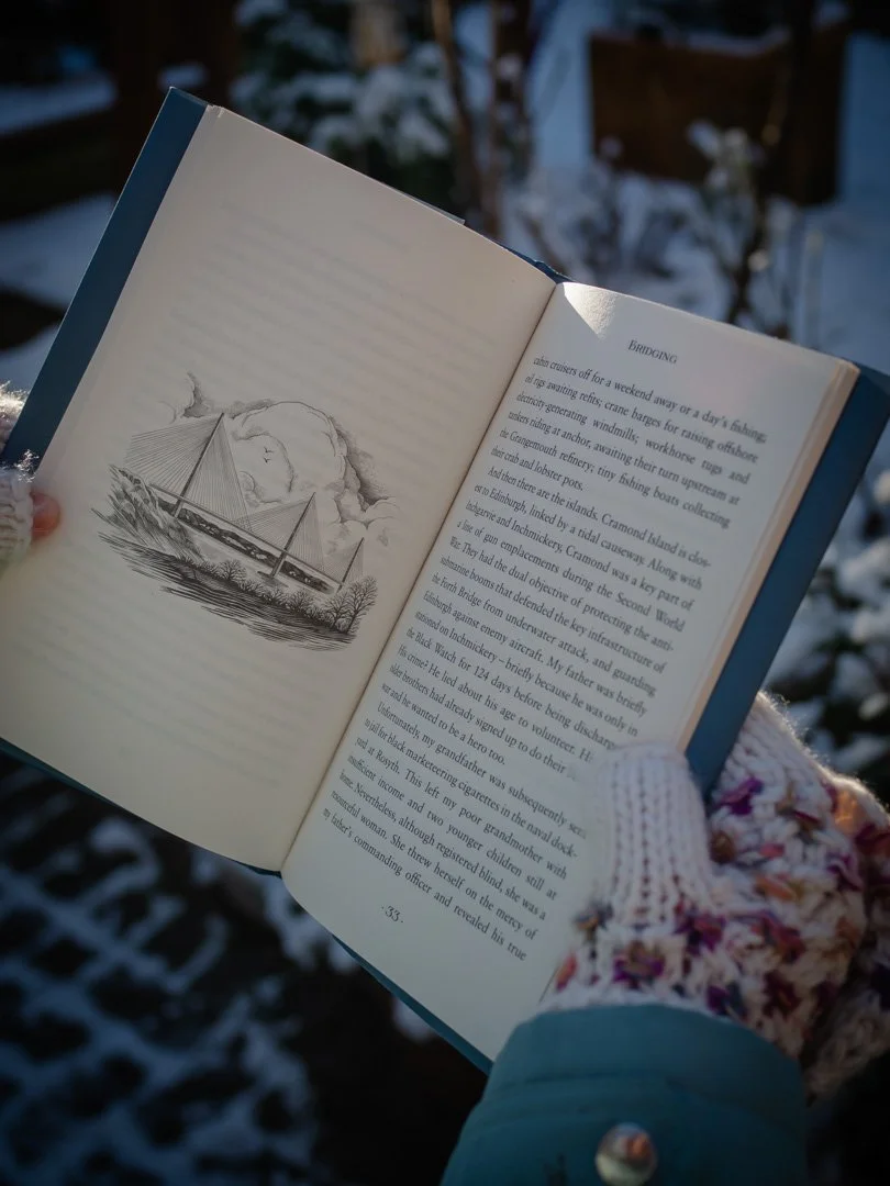 Illustration of the Queensferry Crossing inside Winter by Val McDermid, photographed outdoors in a snowy garden