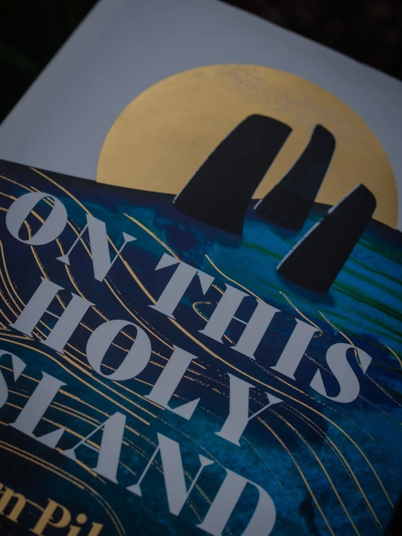 Detail from the cover of On This Holy Island by Oliver Smith showing a stylised illustration of Stonehenge