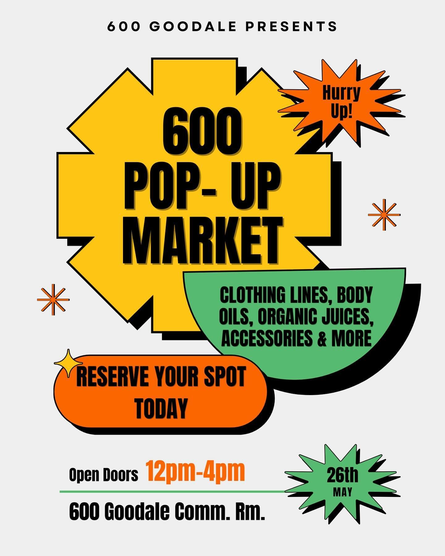 Hello 600 Goodale Followers!! We are doing something different this upcoming month!! We are setting up for a big Pop Up Shop at the end of May! If you have a business that you would like to be apart then let us know and we can get a table reserved fo