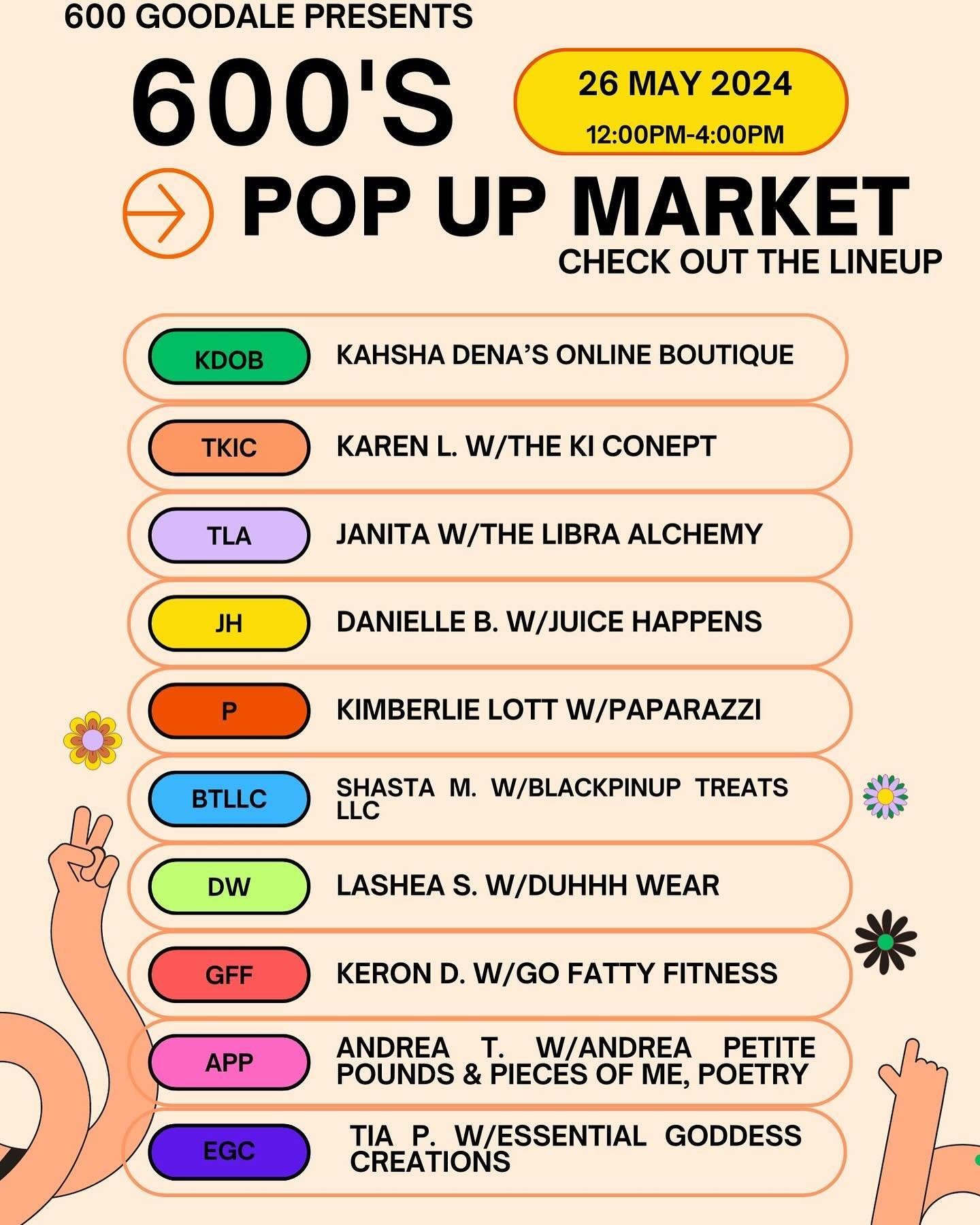 Hey Hey!! Here is the line up!! A lot of great local businesses that will need your support at the end of May!! Looking forward to seeing all of you and seeing what you&rsquo;ll get!! #600Goodale #PopUpMarket #May26