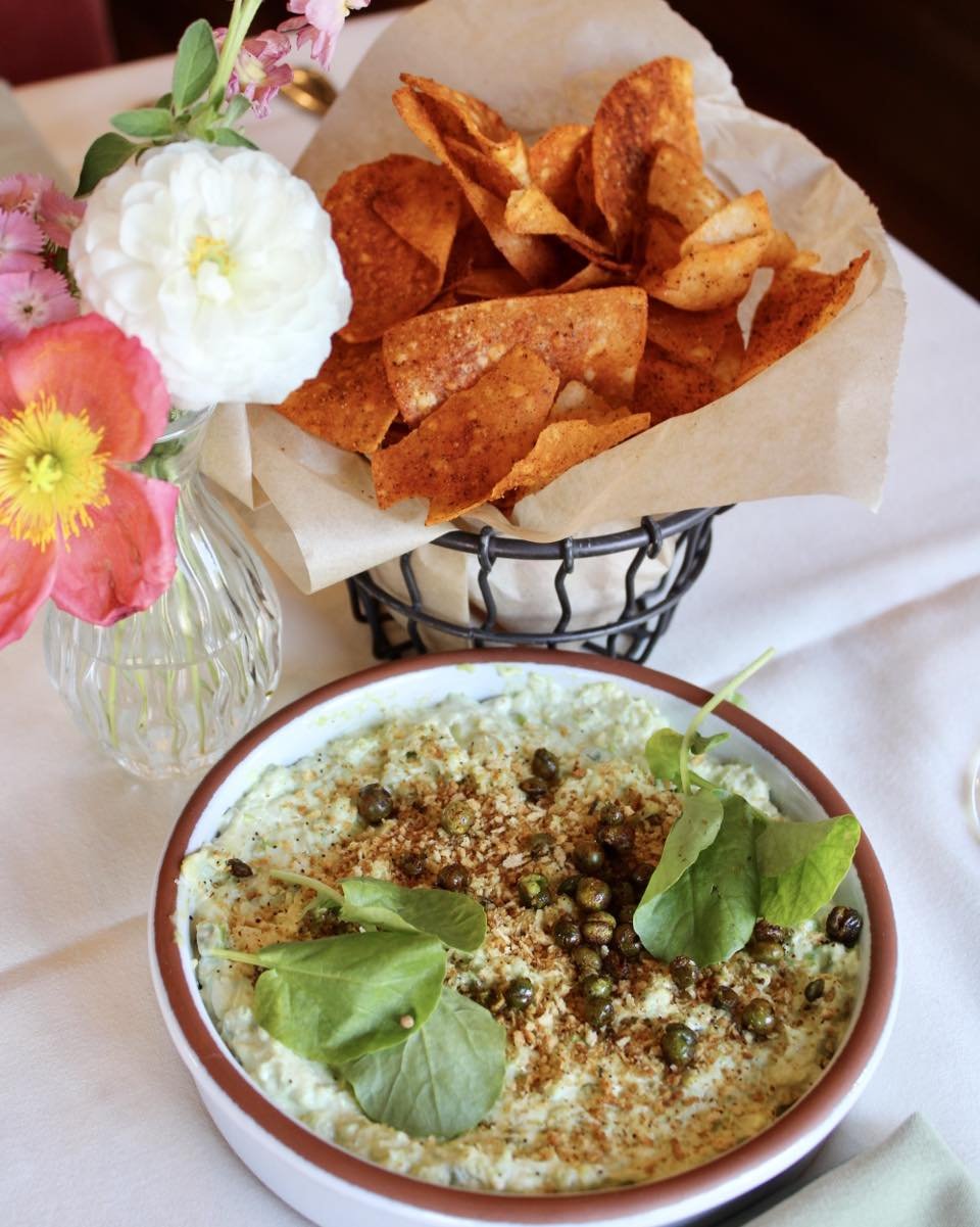 Our new Chef&rsquo;s Seasonal dip! Made with English Peas, asparagus, Gruy&egrave;re cheese, lemon, Parmesan, crispy English peas, breadcrumbs and of course our blackened tortilla chips!