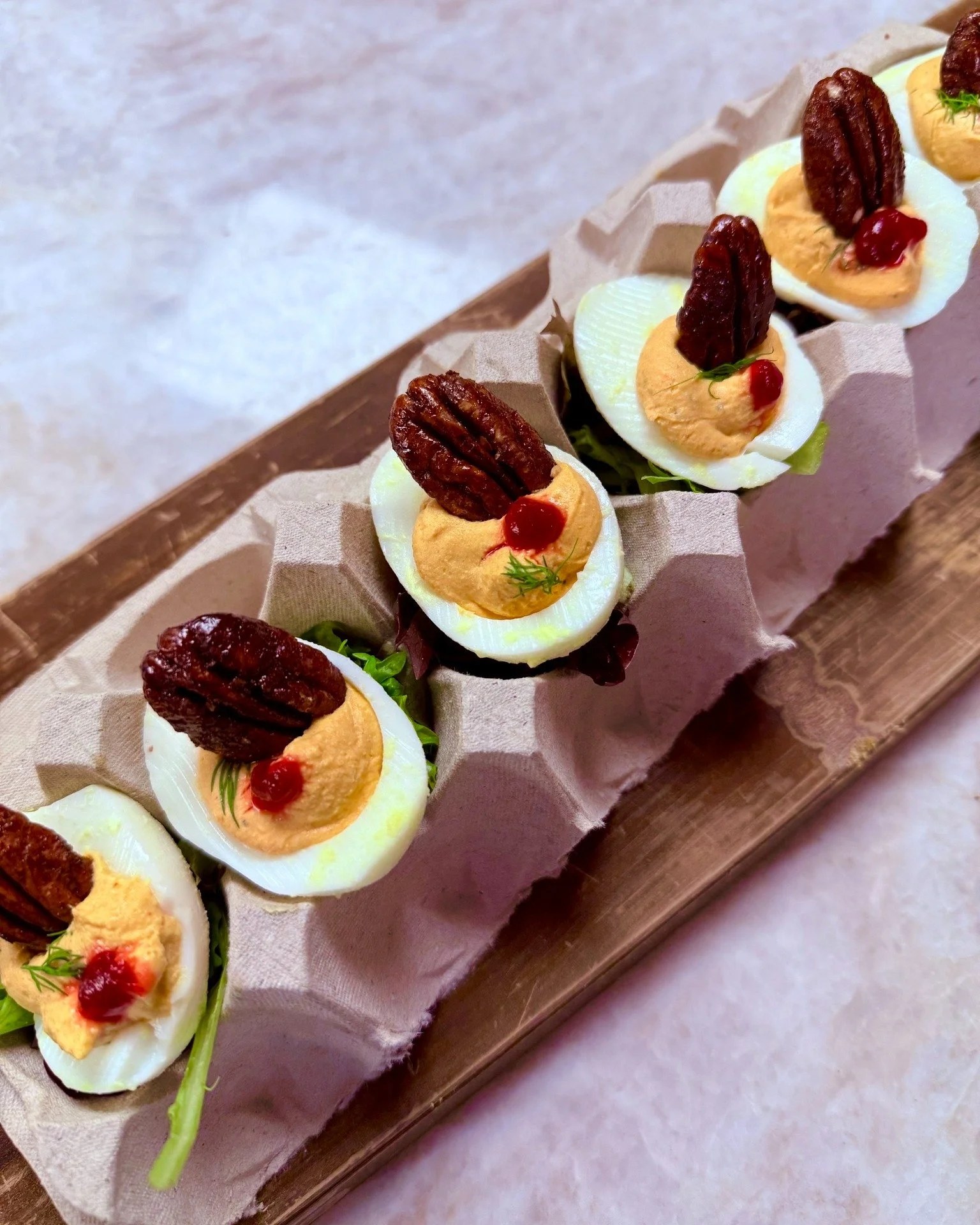 Not your average deviled eggs 🥕✨ Topped with carrot, smoked paprika, candied pecan, beet chow chow, and fresh dill &mdash; sweet, smoky, tangy, and a little fancy.

Reservations are linked in  our Profile.

 #livemusicmckinney #michelinrestaurant #v