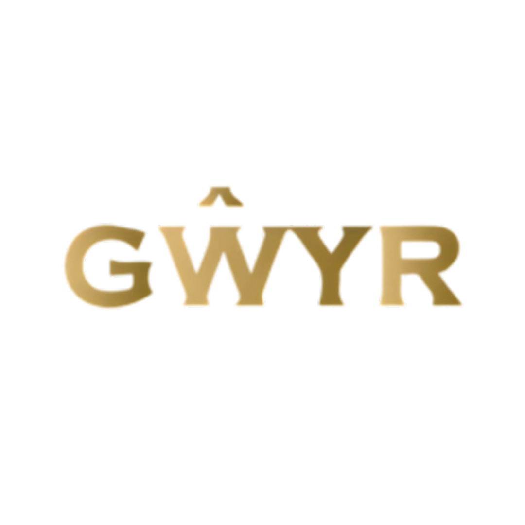 Logo with the text "GWYR" in gold letters, within a thin gold circle, on a white background.