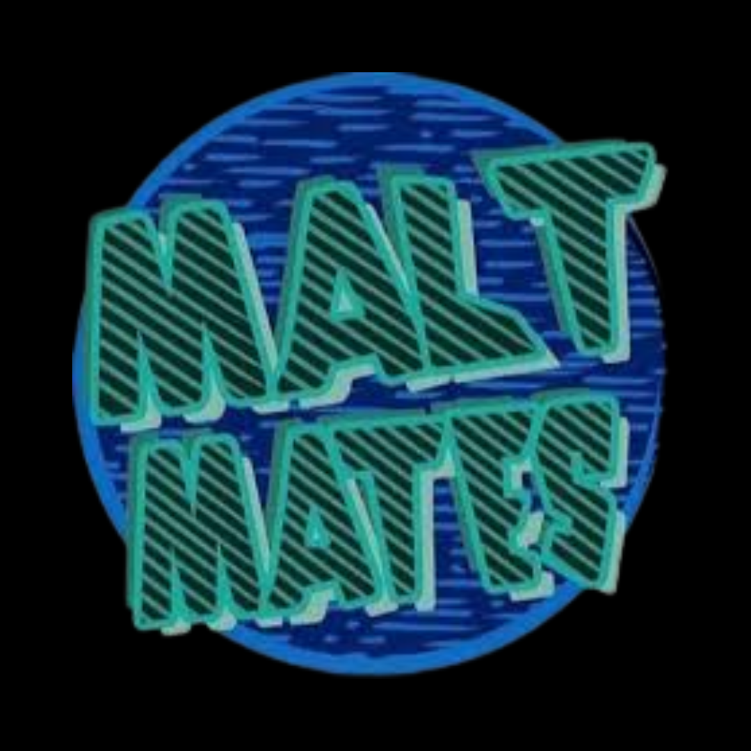 Text "Malt Mates" in bold, striped pink letters on an orange circular background.