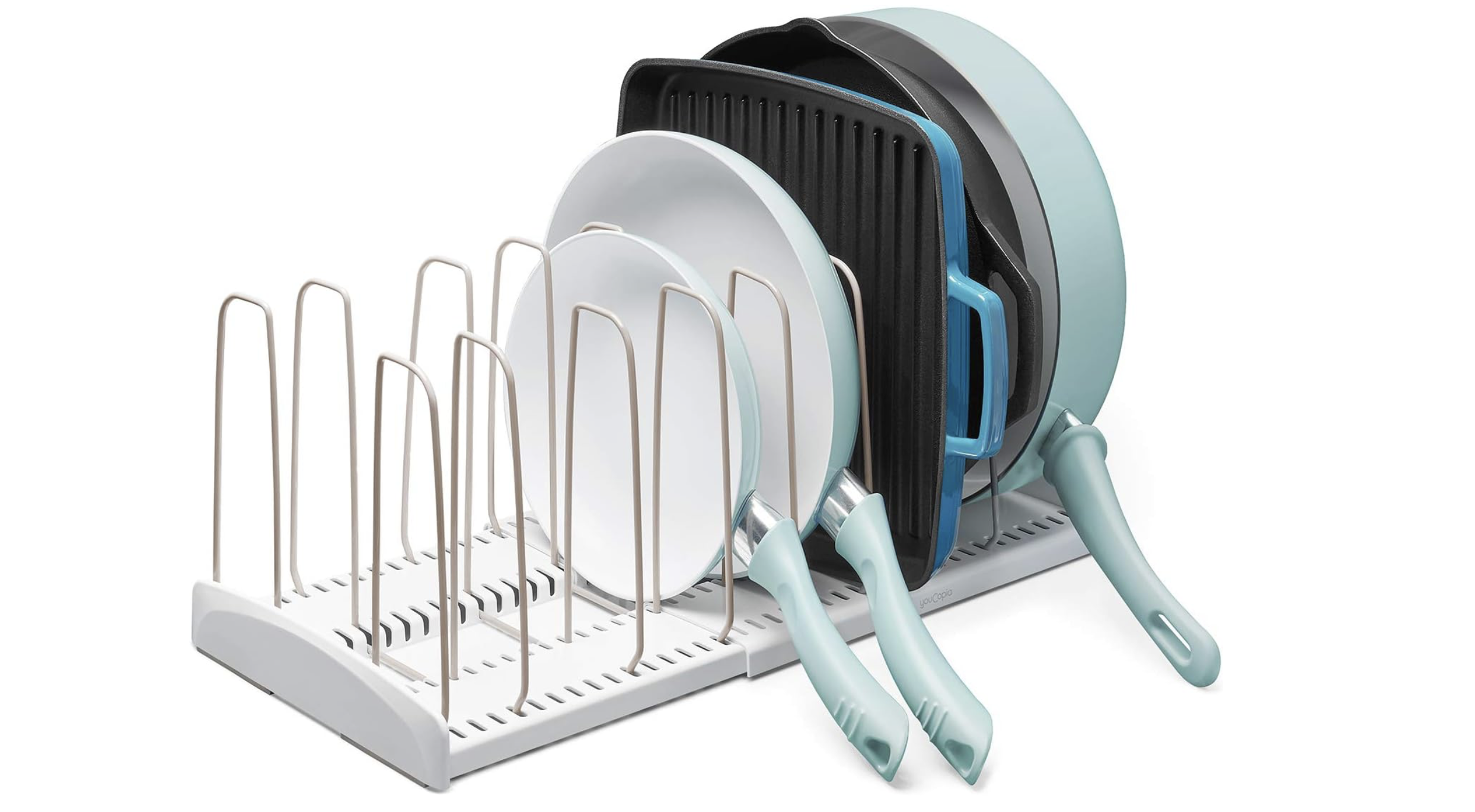 Expandable Cookware Rack Adjustable Pan Organizer for Kitchen Cabinet