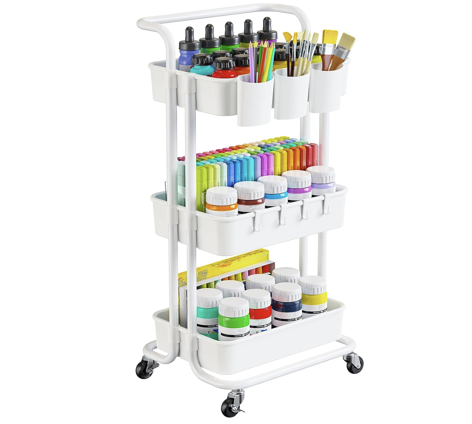 Rolling Storage Cart with 3 Hanging Cups & 4 Hooks