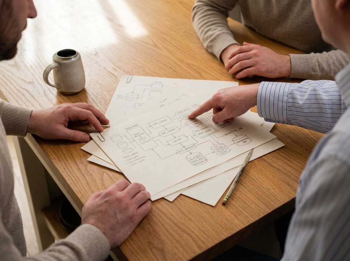 Three people sit around a wooden table discussing technical diagrams and flowcharts on sheets of paper.