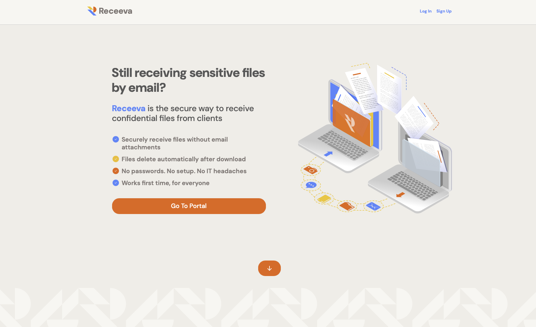 Website homepage for Receeva, a service for securely sending and receiving sensitive files instead of using email. Features highlighted include secure, automatic file deletion, no passwords or setup needed, or first-time user support.