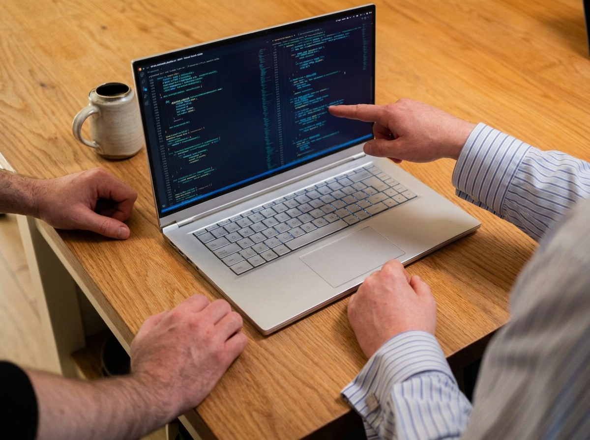 Founders of Rivello working on a laptop with code on the screen at a wooden table. One person is pointing at the laptop screen, and a coffee mug is nearby.