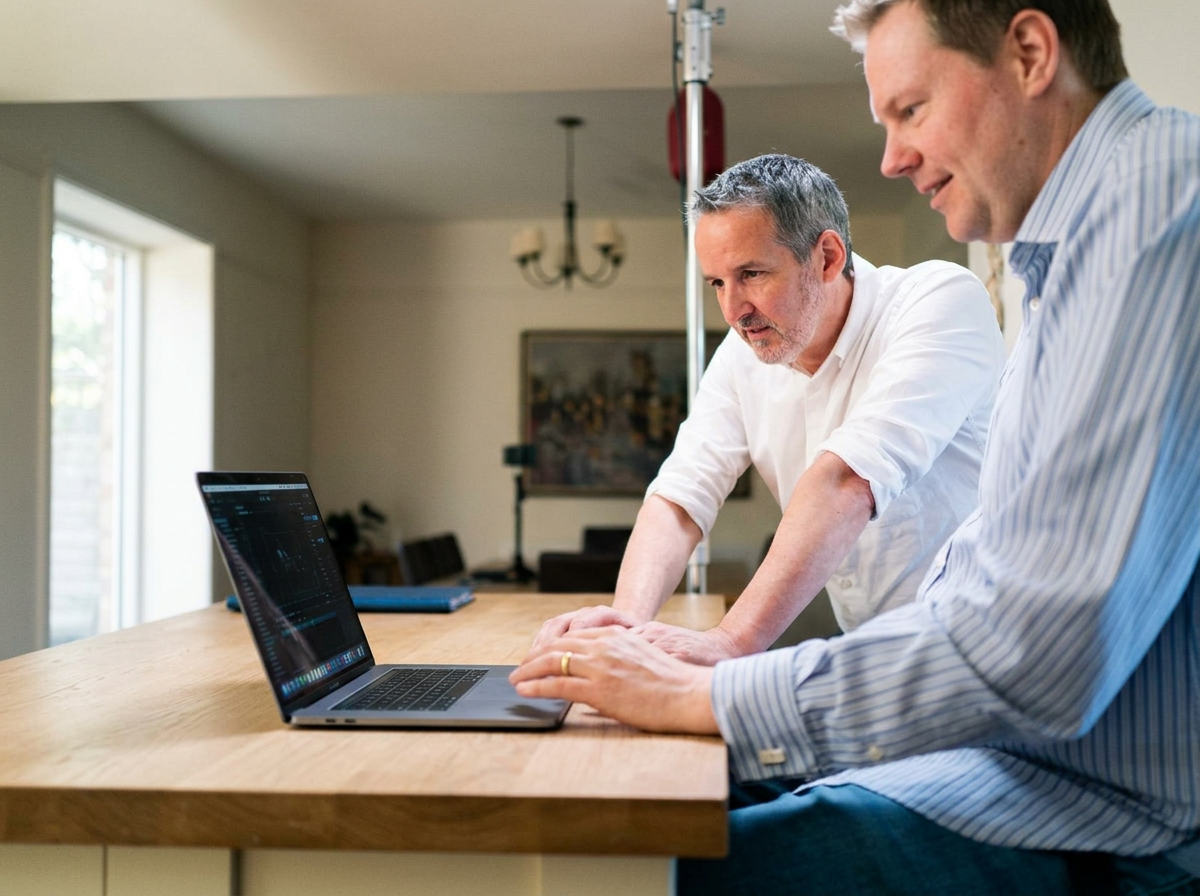 Founders of Rivello examining a laptop on a wooden table in a room with natural light. One man is pointing at the laptop and the other man is looking at it.
