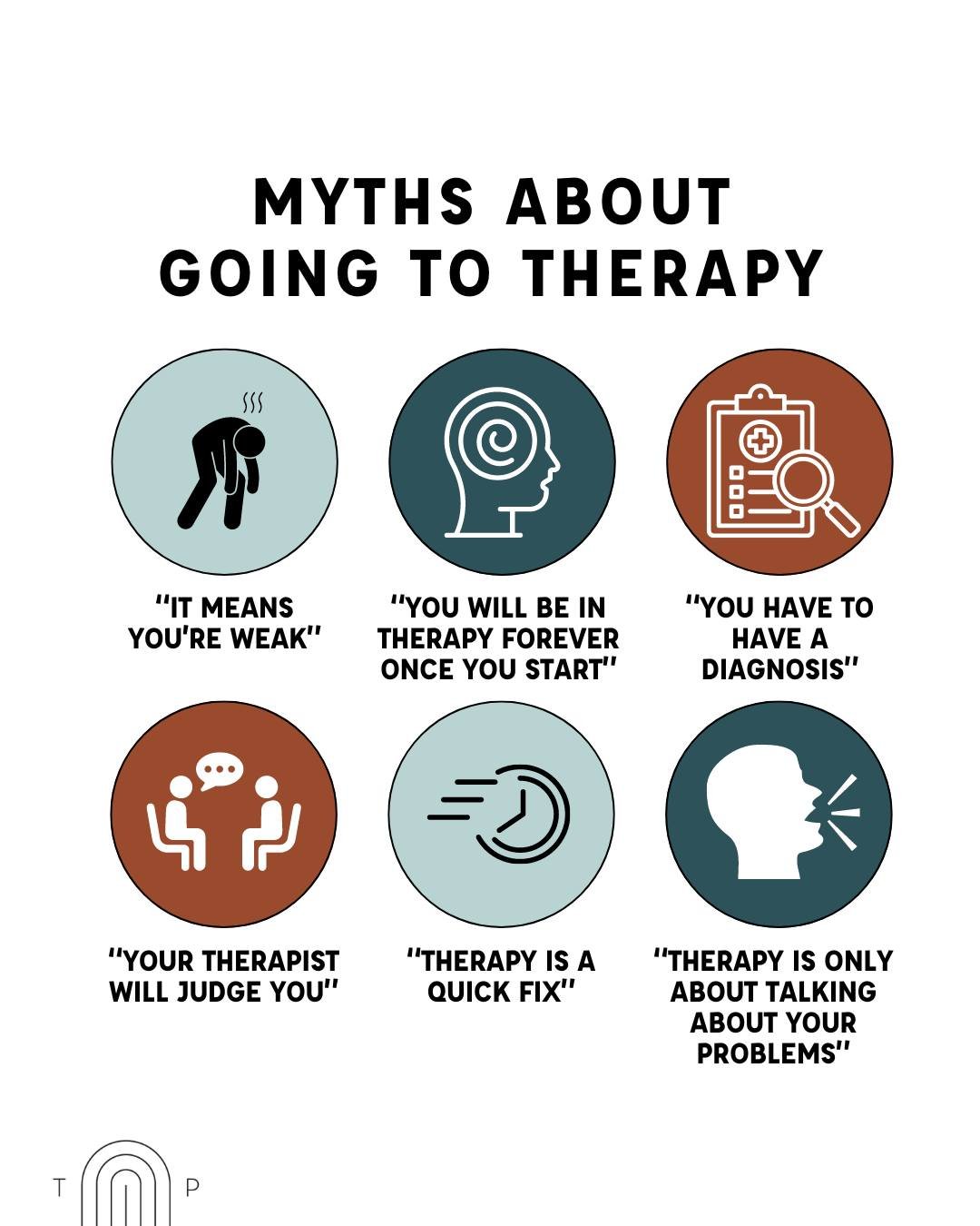 Going to therapy does not make you weak.

Going to therapy does not mean you will be in therapy forever (but if you want to, that's okay too).

Going to therapy does not mean you have to have a mental health diagnosis.

Your therapist will not judge 