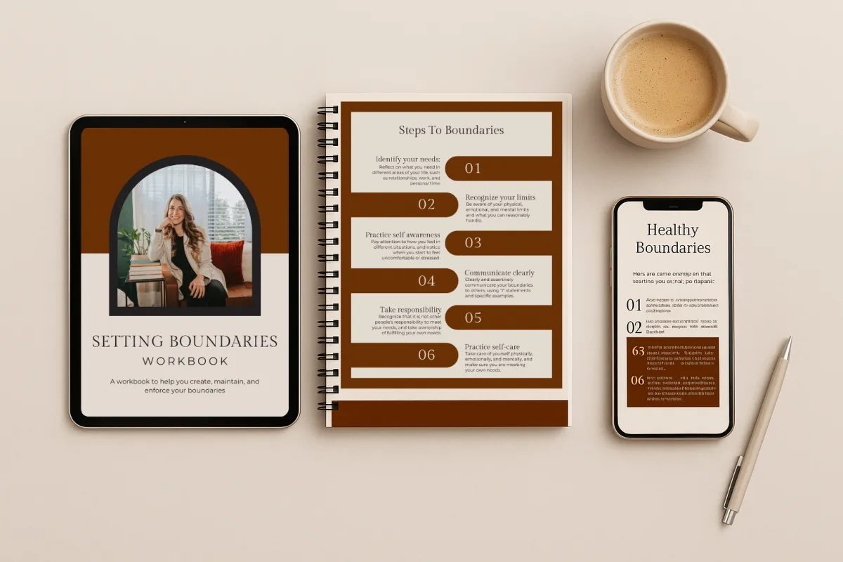 Setting Boundaries Workbook with steps to healthy boundaries displayed on tablet, workbook, and phone, created by therapist Racheal Turner