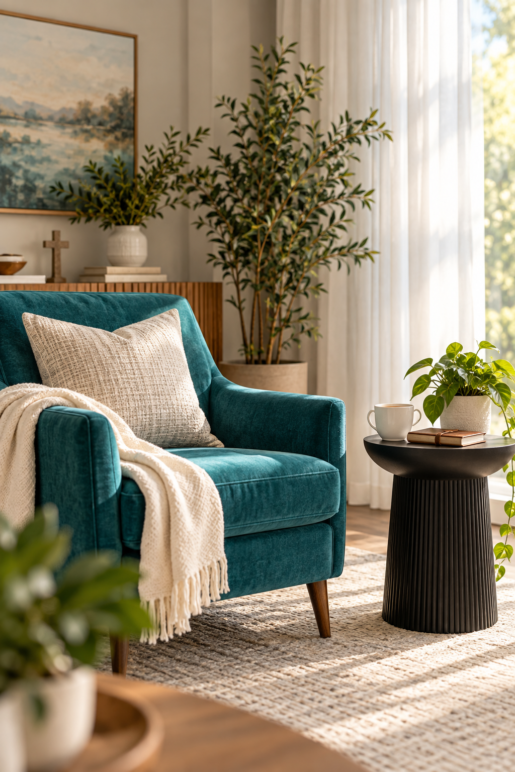 “Inviting counseling space with a turquoise armchair and natural light.”