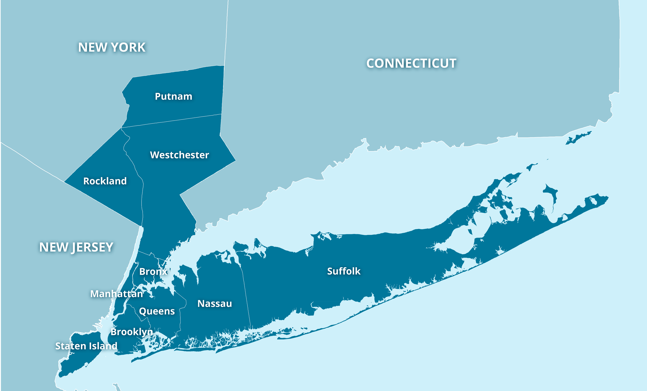 A map of the NYMTC Planning Area which includes Manhattan, the Bronx, Queens, Brooklyn, Staten Island, Nassau County, Suffolk County, Putnam County, Rockland Count and Westchester County
